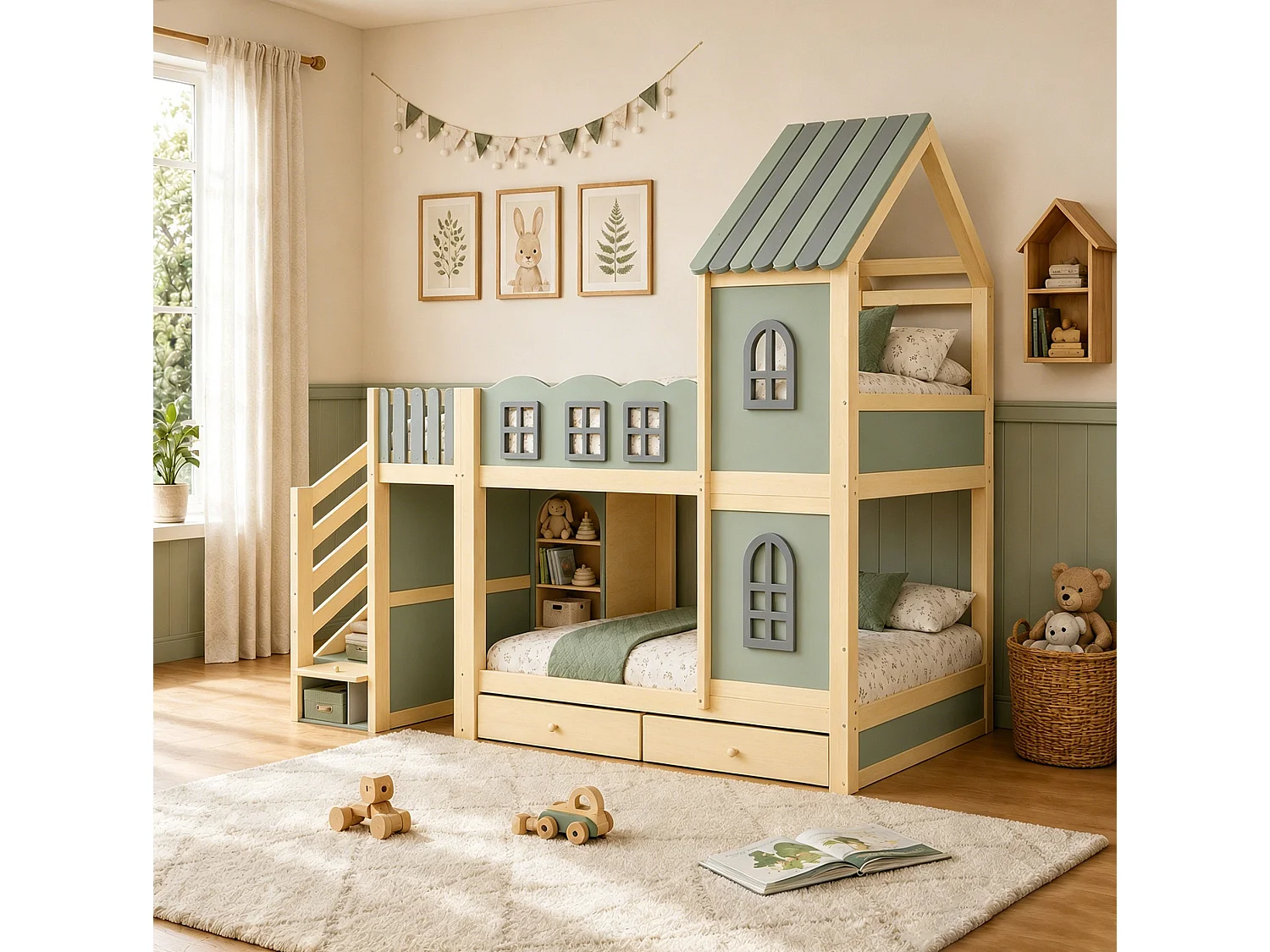 Lit superposé pour enfant 90x200 cm avec tiroirs et rangements, barrières de sécurité et fenêtres, en bois, vert, sans matelas