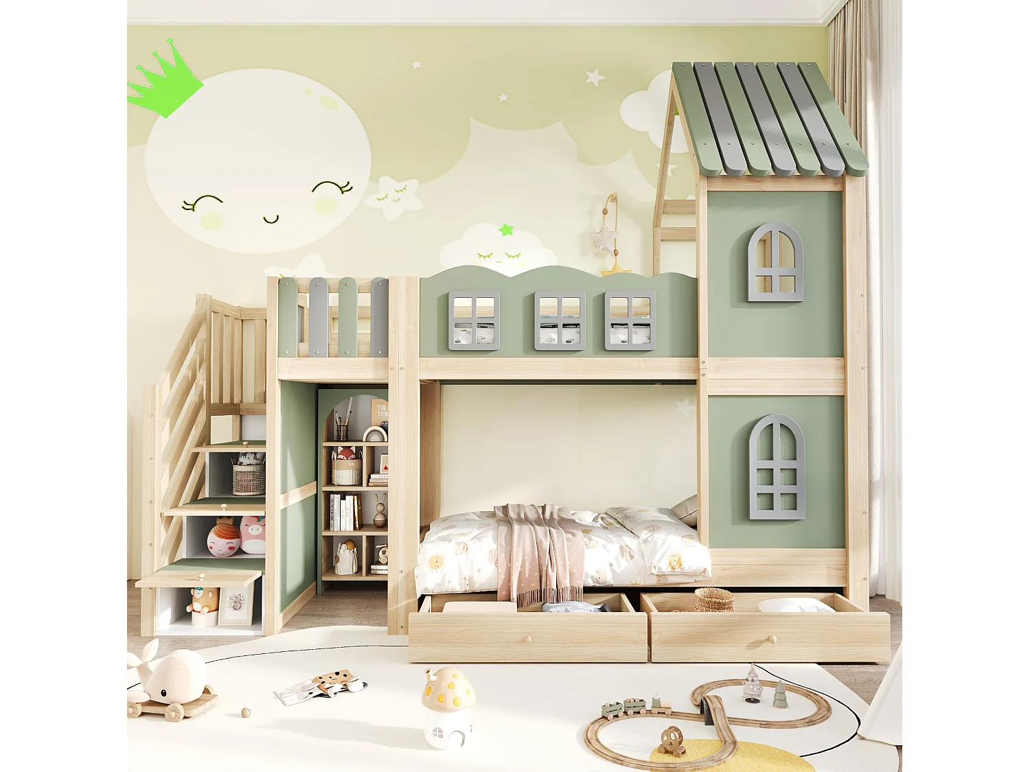 Lit superposé pour enfant 90x200 cm avec tiroirs et rangements, barrières de sécurité et fenêtres, en bois, vert, sans matelas