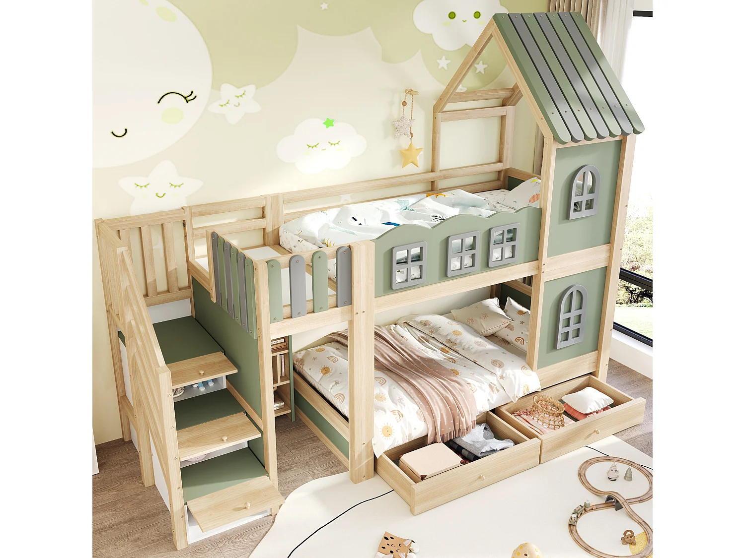 Lit superposé pour enfant 90x200 cm avec tiroirs et rangements, barrières de sécurité et fenêtres, en bois, vert, sans matelas