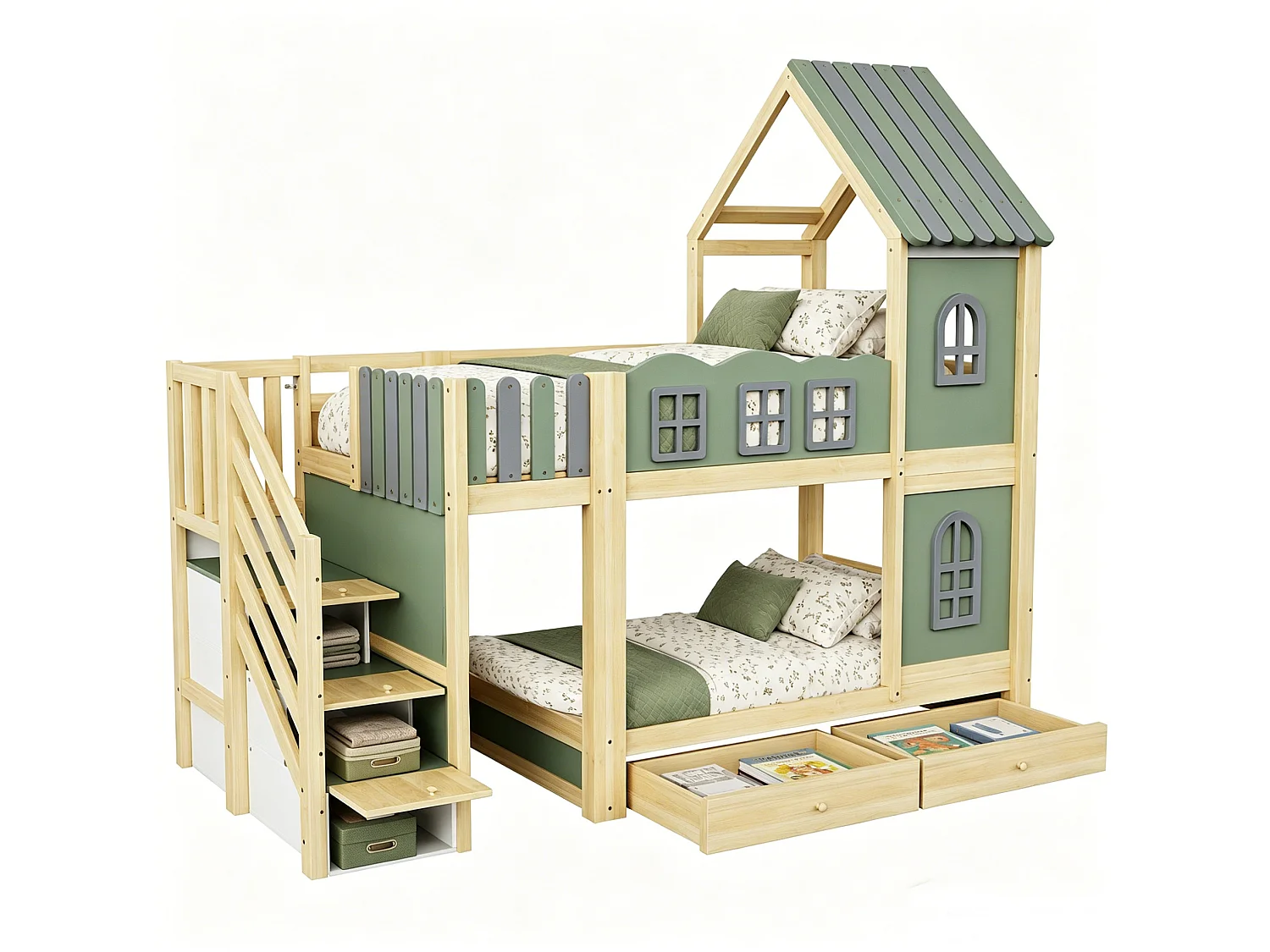 Lit superposé pour enfant 90x200 cm avec tiroirs et rangements, barrières de sécurité et fenêtres, en bois, vert, sans matelas