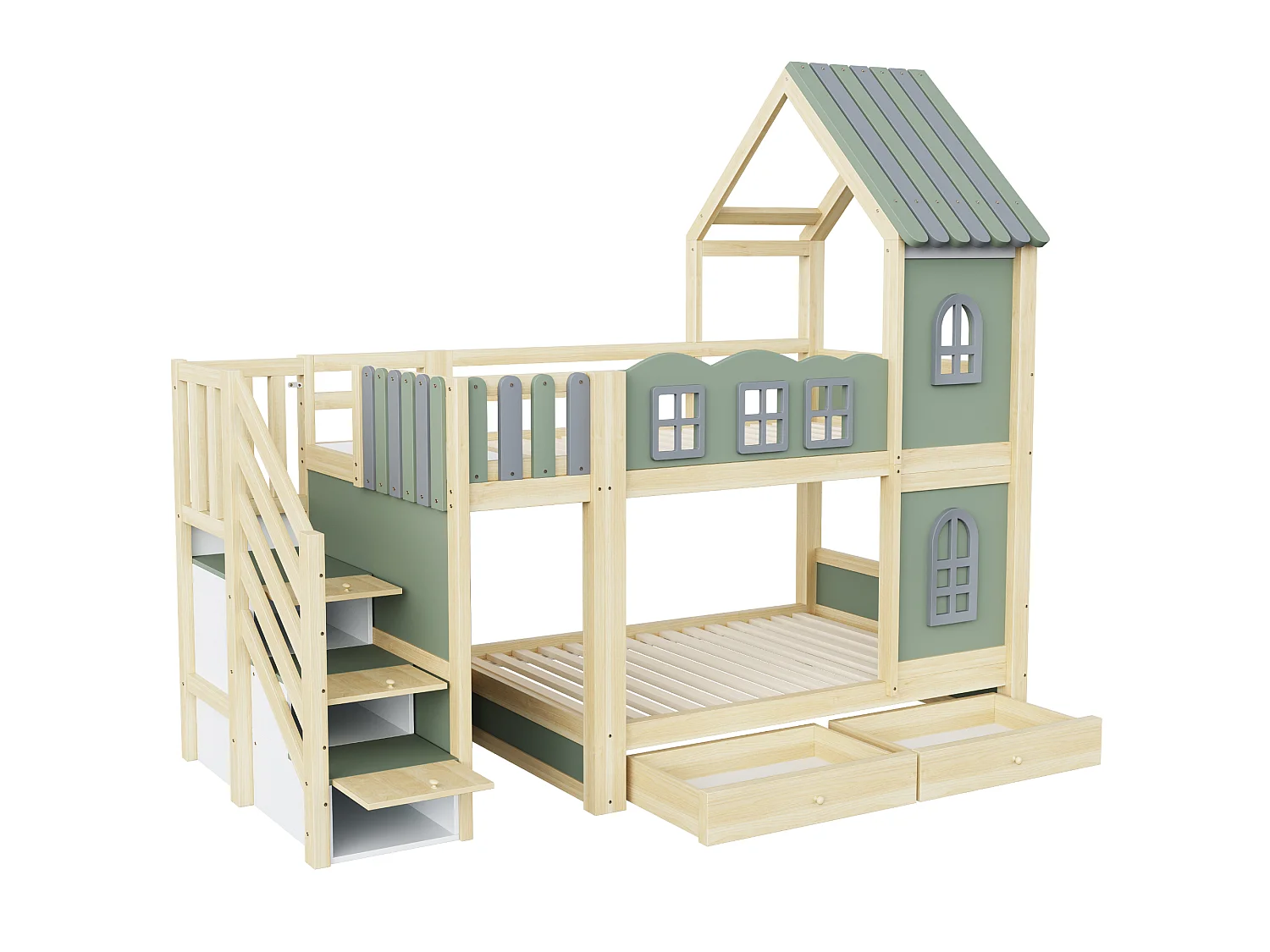 Lit superposé pour enfant 90x200 cm avec tiroirs et rangements, barrières de sécurité et fenêtres, en bois, vert, sans matelas