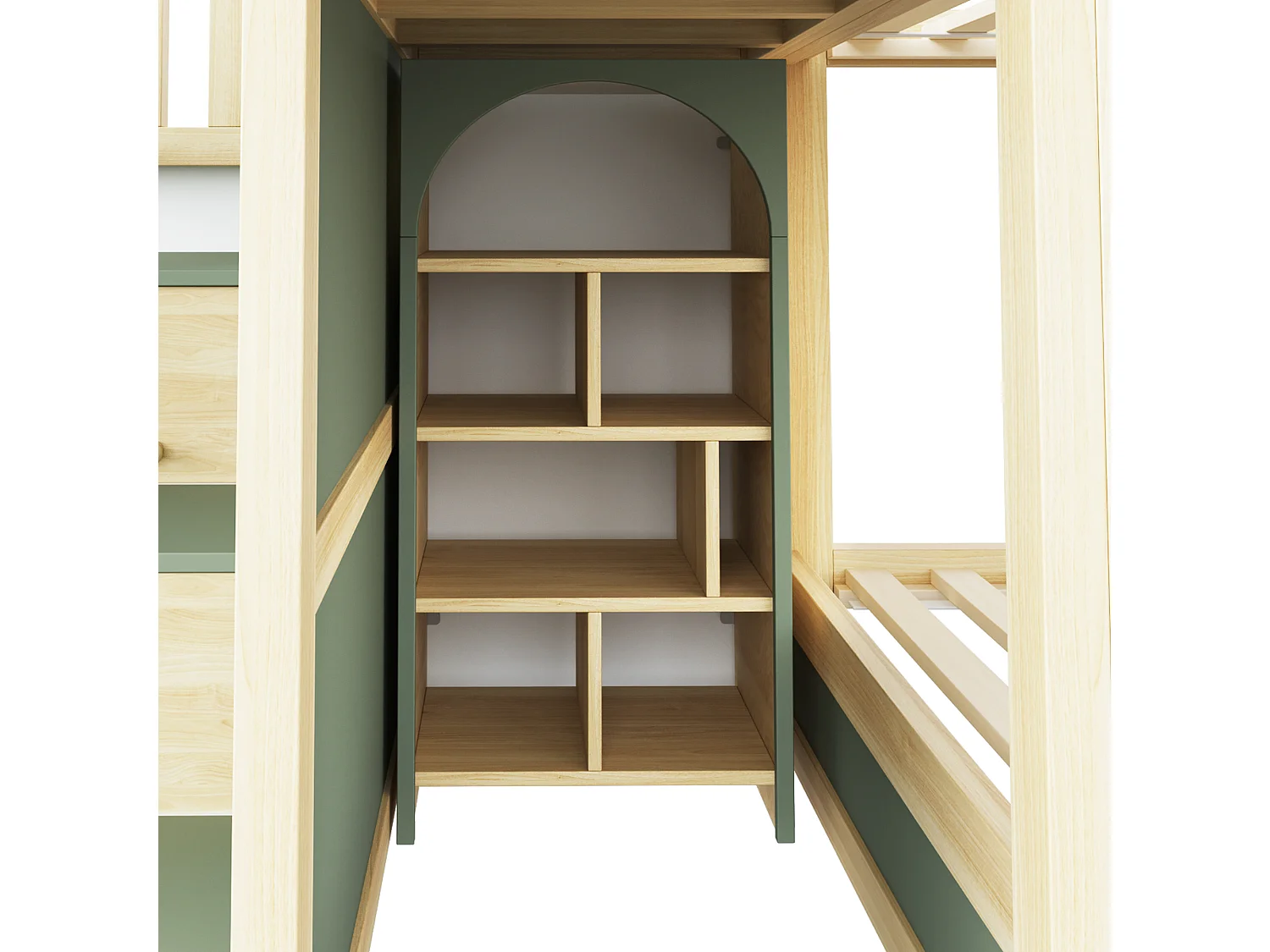 Lit superposé pour enfant 90x200 cm avec tiroirs et rangements, barrières de sécurité et fenêtres, en bois, vert, sans matelas