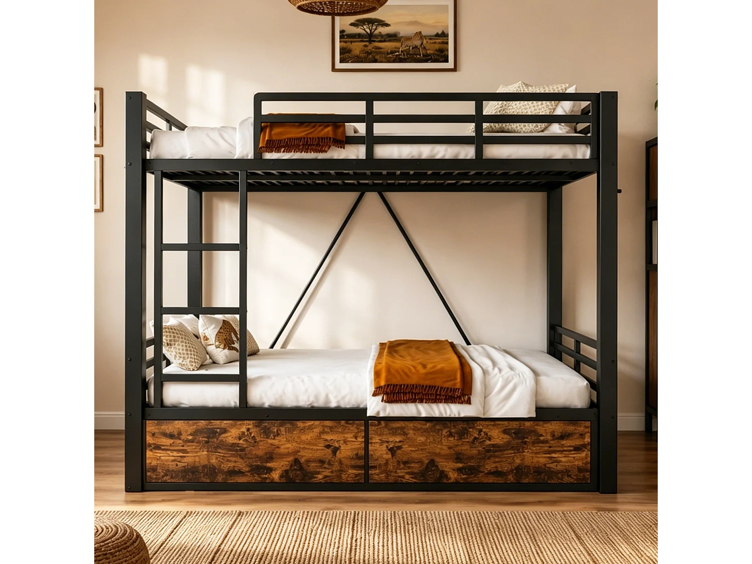 Lit superposé 140x200 cm avec tiroirs et échelle, barrières de sécurité, en métal, noir, sans matelas