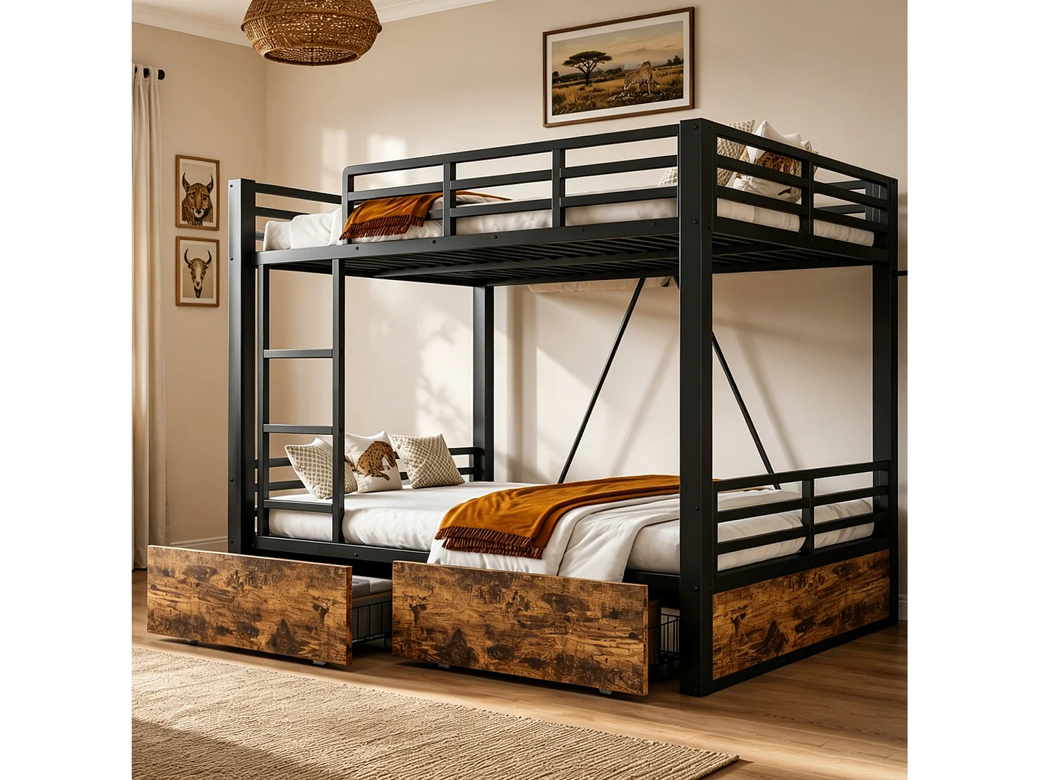 Lit superposé 140x200 cm avec tiroirs et échelle, barrières de sécurité, en métal, noir, sans matelas