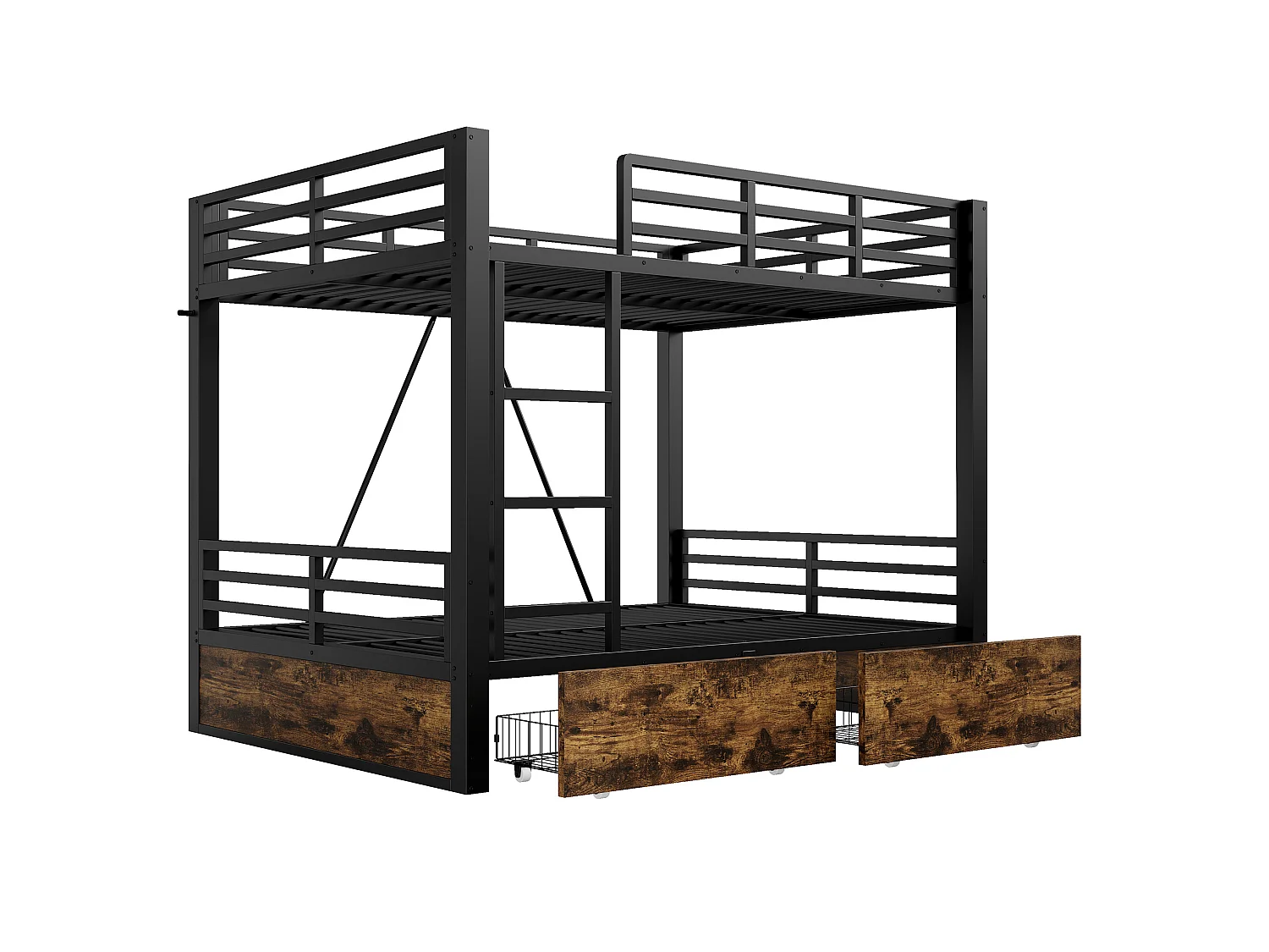 Lit superposé 140x200 cm avec tiroirs et échelle, barrières de sécurité, en métal, noir, sans matelas