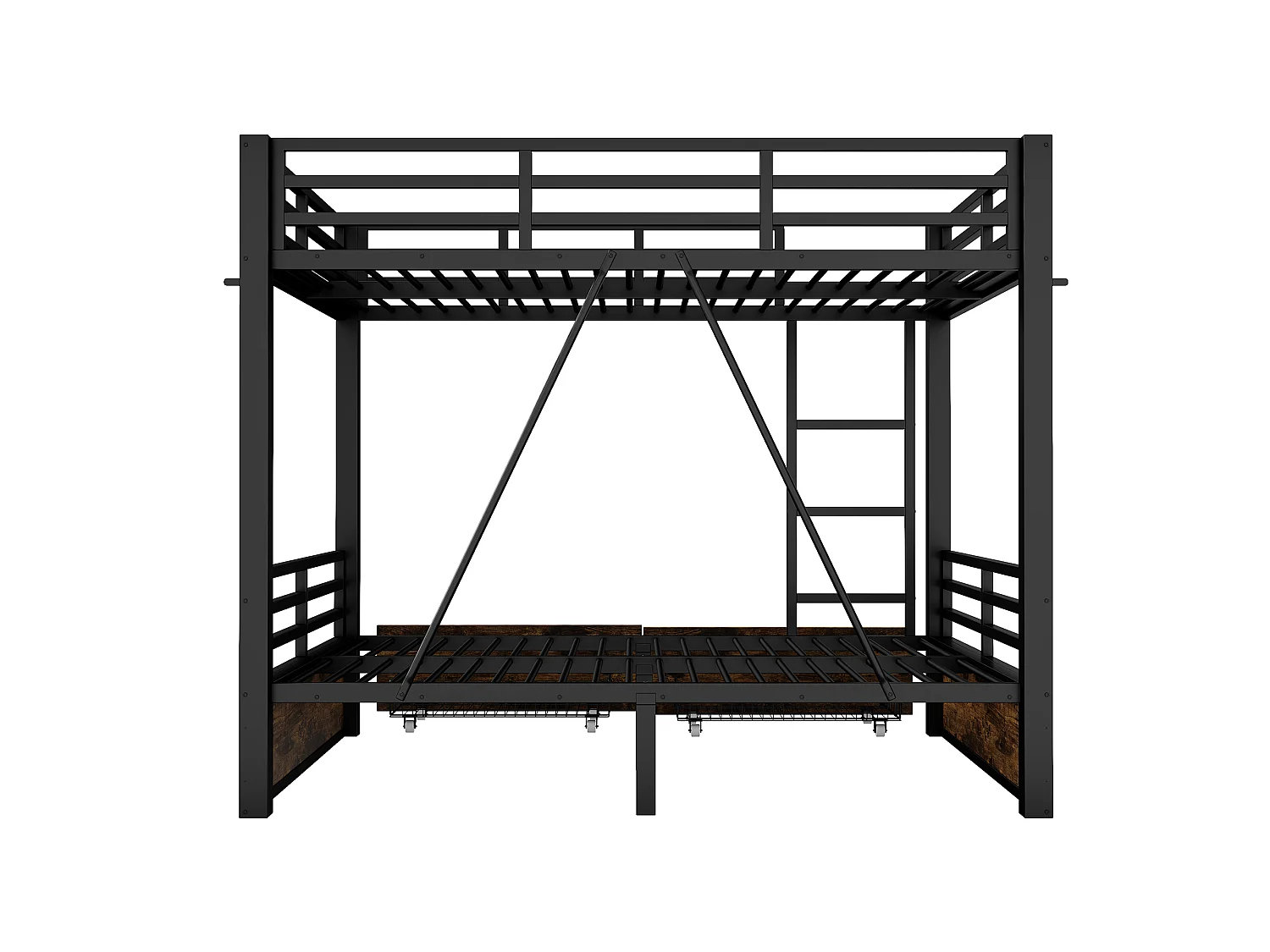 Lit superposé 140x200 cm avec tiroirs et échelle, barrières de sécurité, en métal, noir, sans matelas
