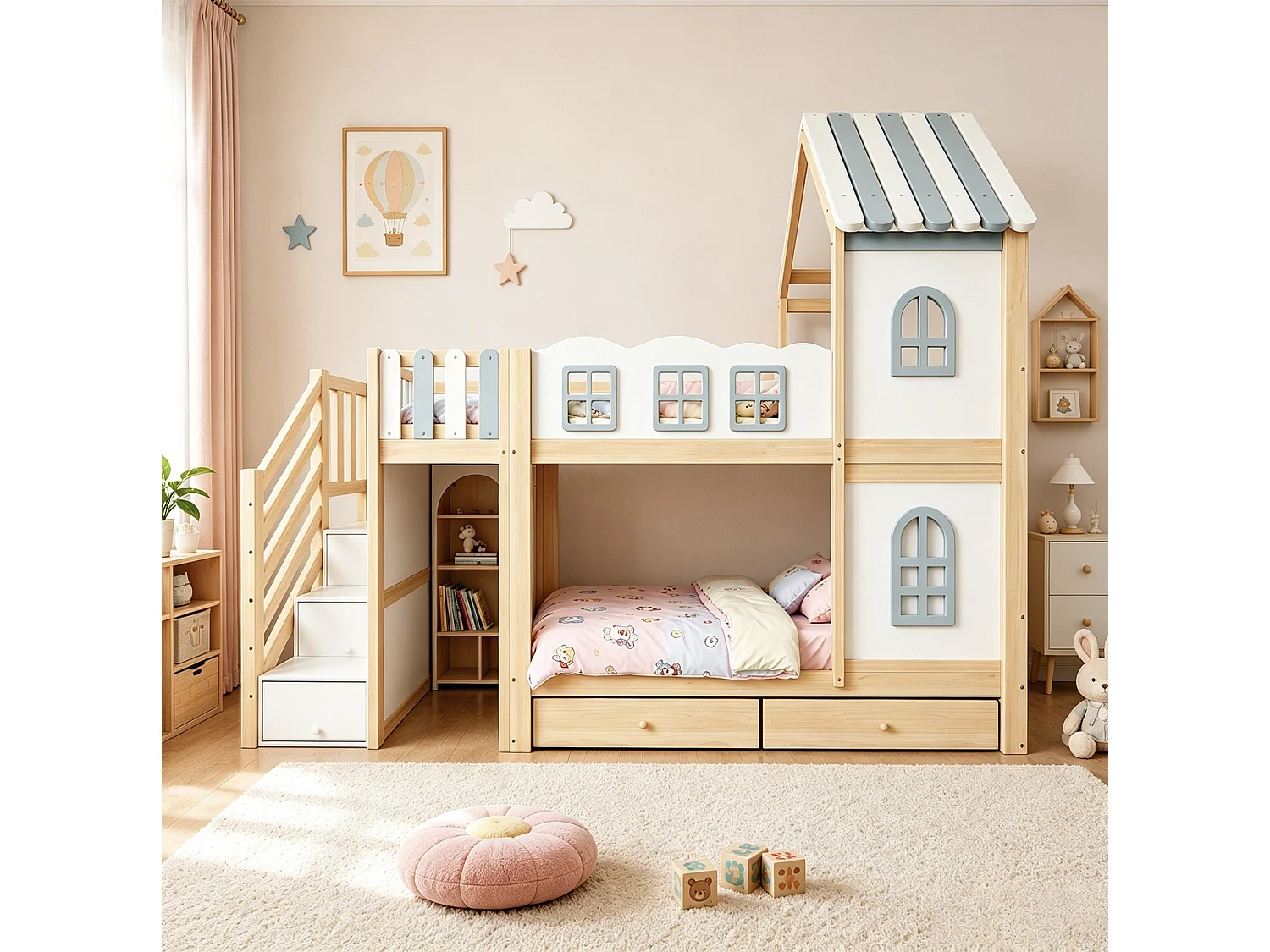 Lit superposé pour enfant 90x200 cm avec tiroirs et rangements, barrières de sécurité et fenêtres, en bois, blanc, sans matelas