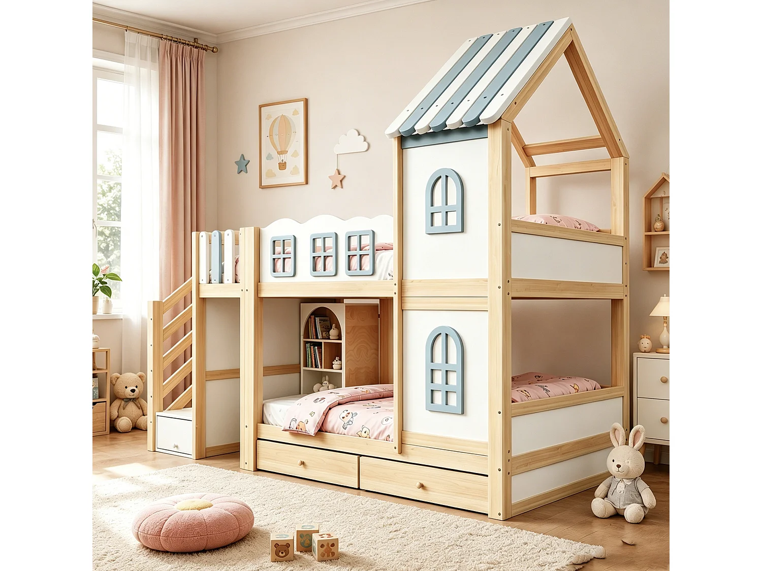 Lit superposé pour enfant 90x200 cm avec tiroirs et rangements, barrières de sécurité et fenêtres, en bois, blanc, sans matelas