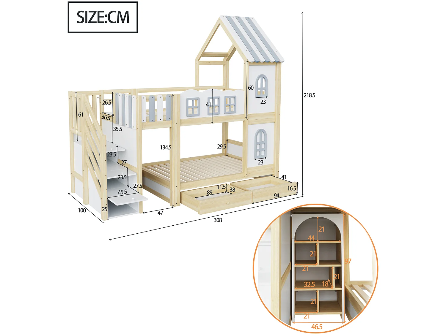 Lit superposé pour enfant 90x200 cm avec tiroirs et rangements, barrières de sécurité et fenêtres, en bois, blanc, sans matelas
