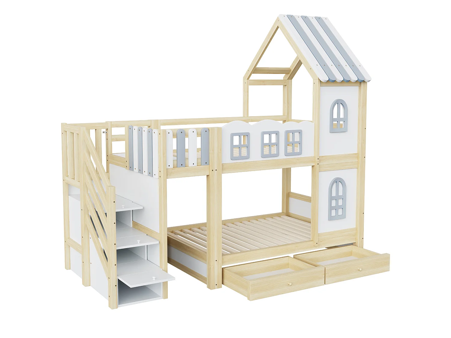 Lit superposé pour enfant 90x200 cm avec tiroirs et rangements, barrières de sécurité et fenêtres, en bois, blanc, sans matelas