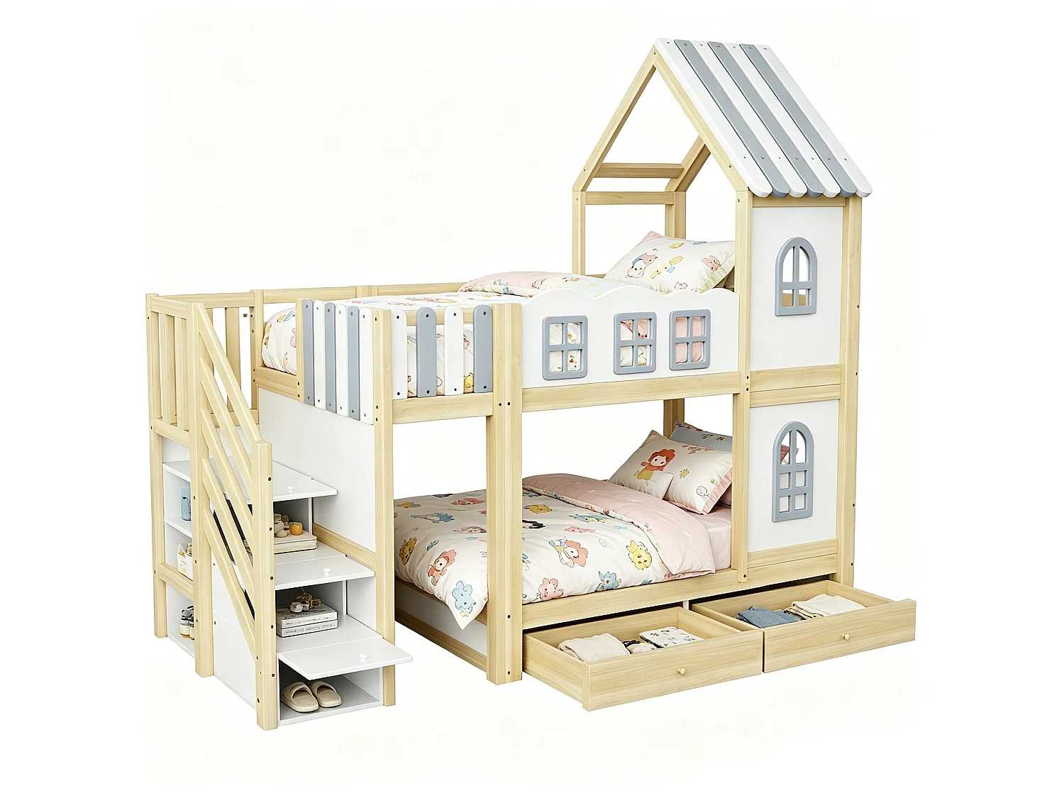 Lit superposé pour enfant 90x200 cm avec tiroirs et rangements, barrières de sécurité et fenêtres, en bois, blanc, sans matelas