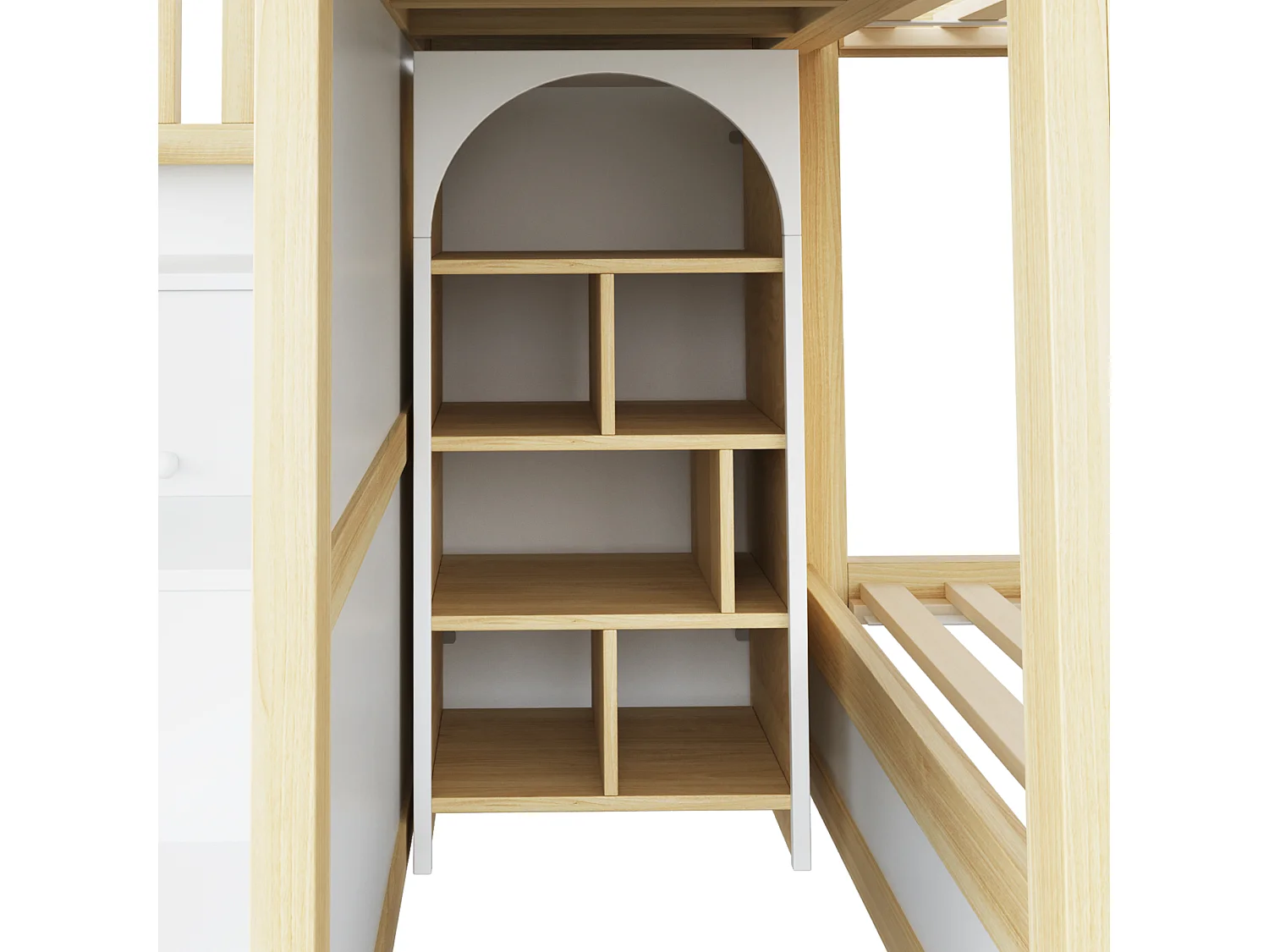 Lit superposé pour enfant 90x200 cm avec tiroirs et rangements, barrières de sécurité et fenêtres, en bois, blanc, sans matelas