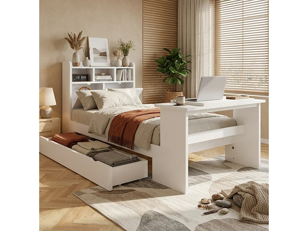 Lit enfant 90x200 cm avec table rabattable réglable, tiroir et tête de lit avec rangement, en bois, blanc, sans matelas