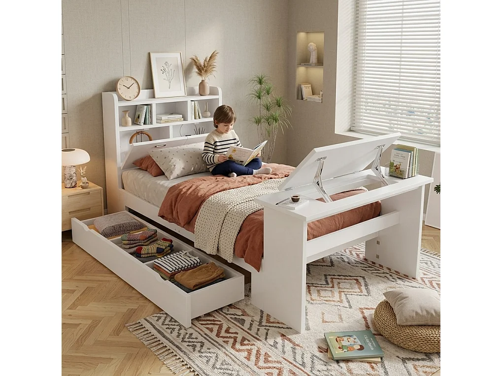Lit enfant 90x200 cm avec table rabattable réglable, tiroir et tête de lit avec rangement, en bois, blanc, sans matelas