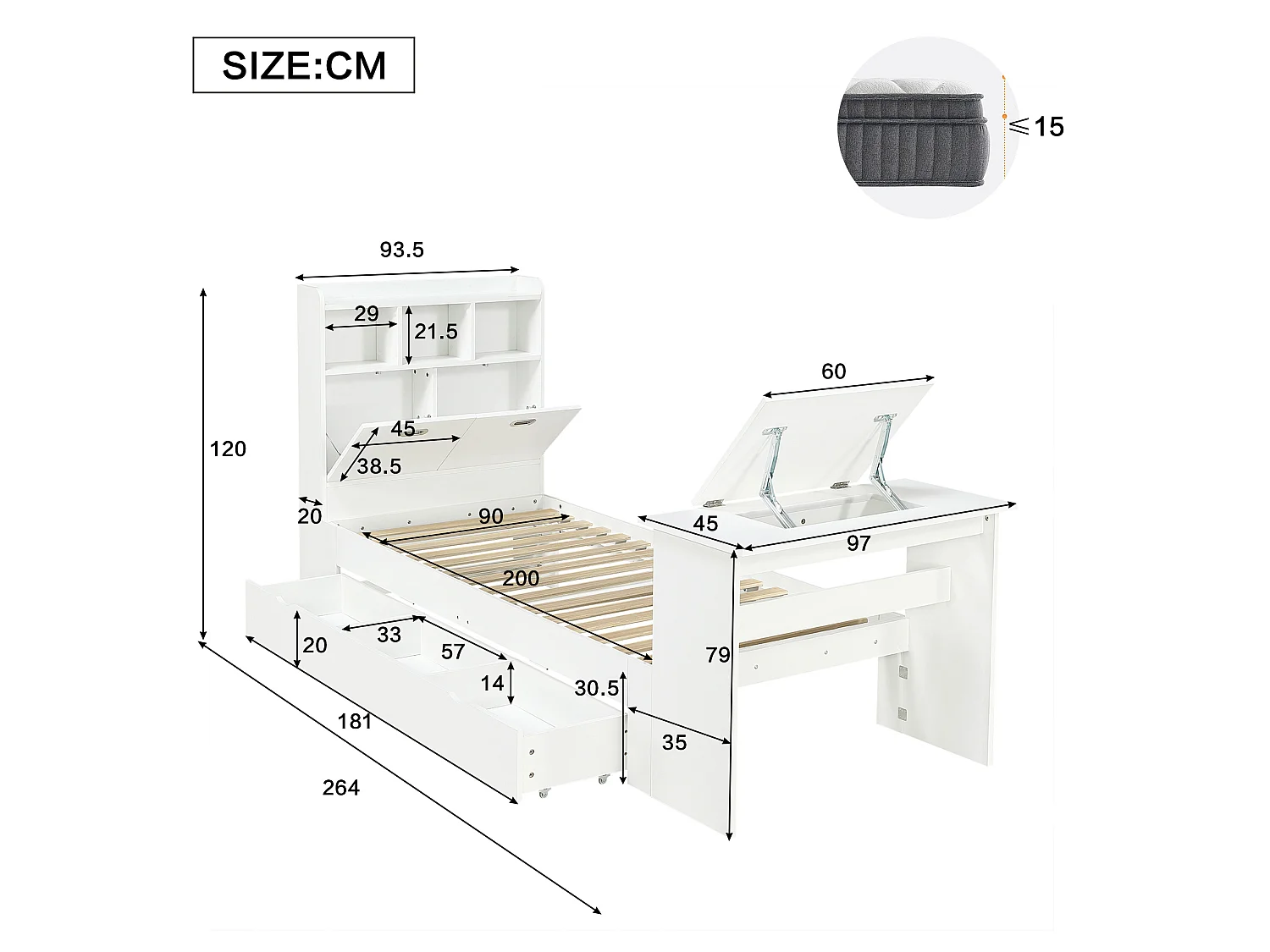 Lit enfant 90x200 cm avec table rabattable réglable, tiroir et tête de lit avec rangement, en bois, blanc, sans matelas