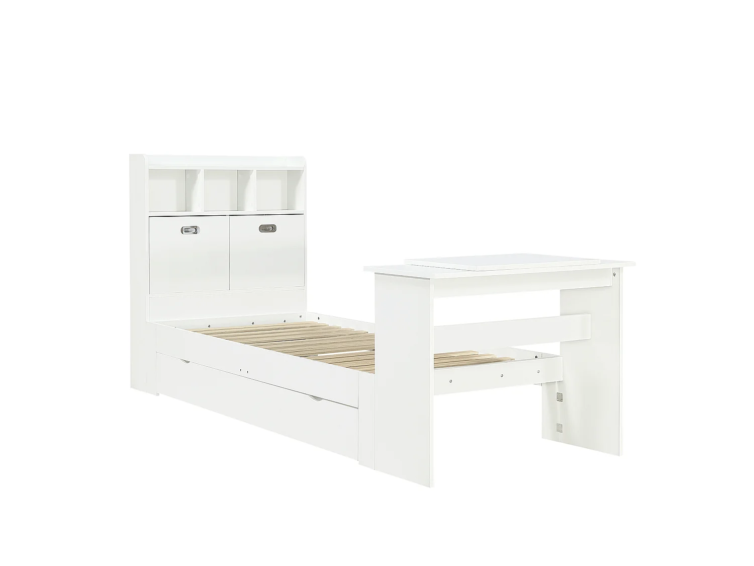 Lit enfant 90x200 cm avec table rabattable réglable, tiroir et tête de lit avec rangement, en bois, blanc, sans matelas