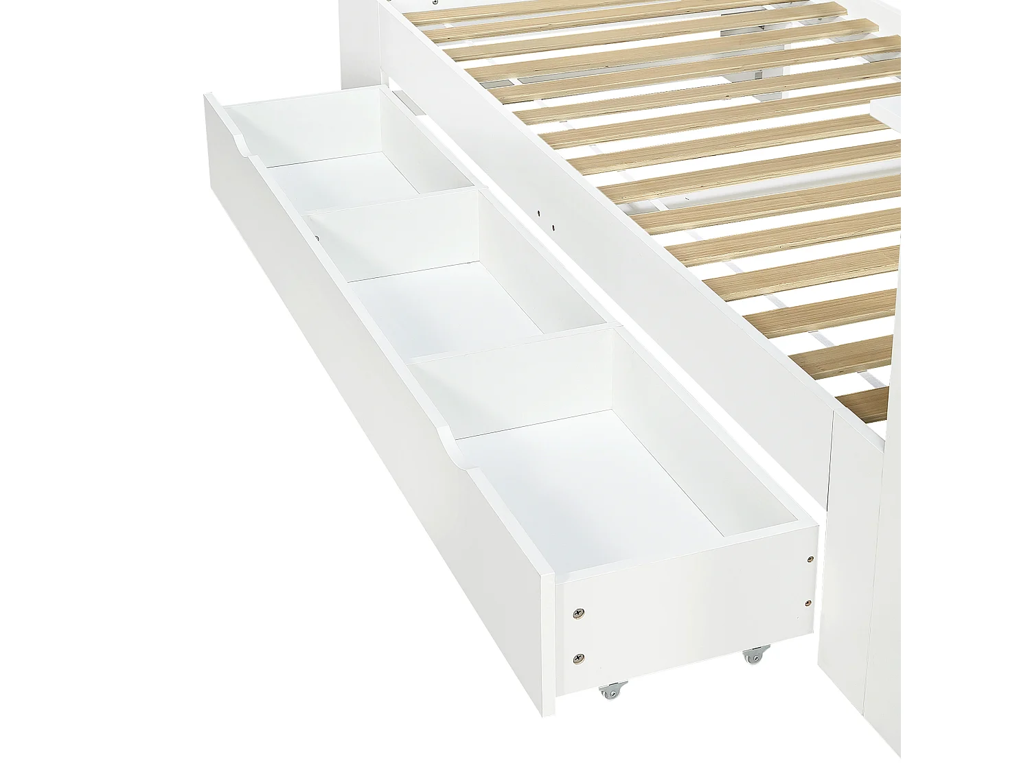 Lit enfant 90x200 cm avec table rabattable réglable, tiroir et tête de lit avec rangement, en bois, blanc, sans matelas