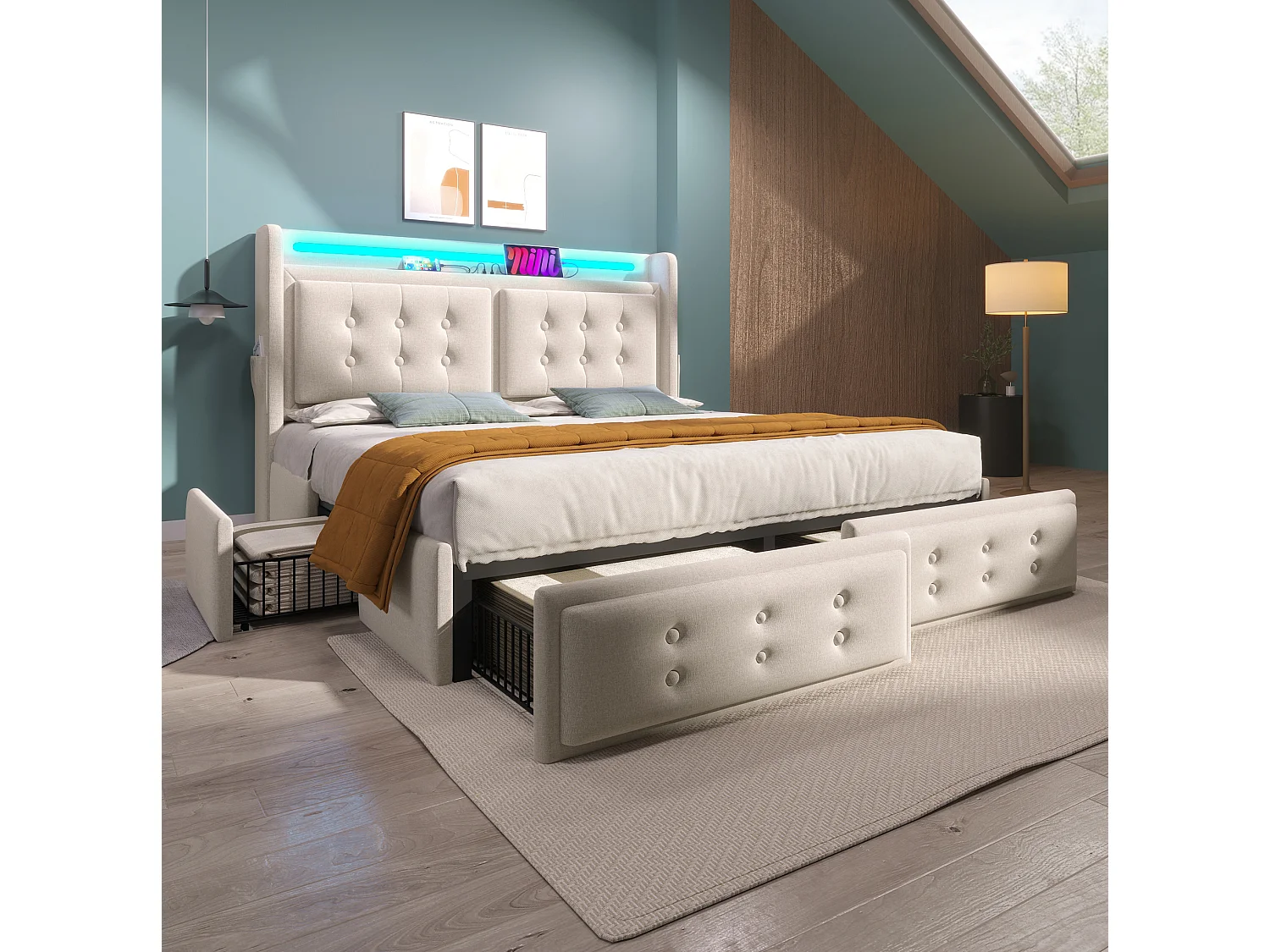 Lit adulte 180x200 cm avec 4 tiroirs, LED, tête de lit et ports USB et Type-C, en tissu, beige, sans matelas