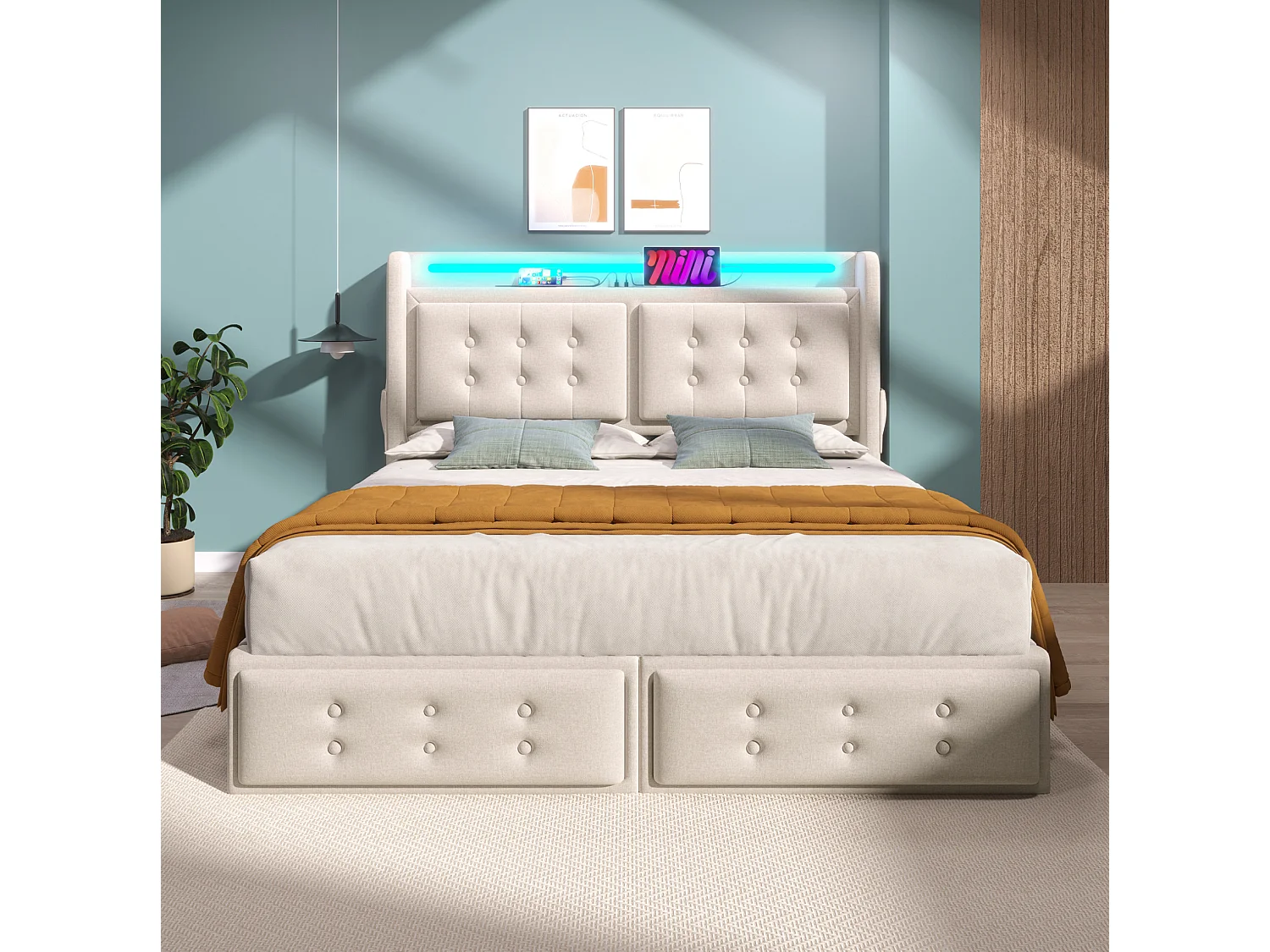 Lit adulte 180x200 cm avec 4 tiroirs, LED, tête de lit et ports USB et Type-C, en tissu, beige, sans matelas