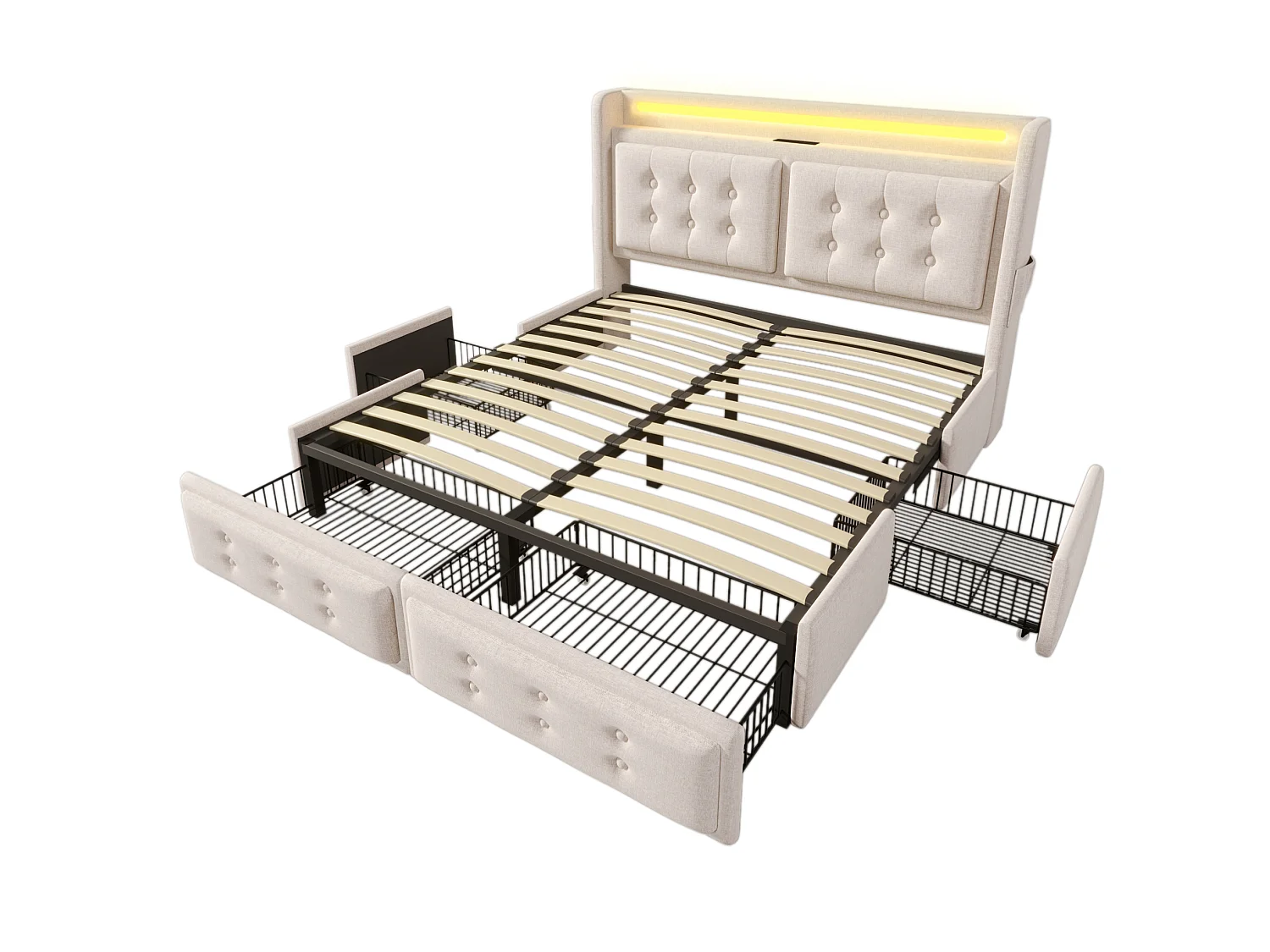 Lit adulte 180x200 cm avec 4 tiroirs, LED, tête de lit et ports USB et Type-C, en tissu, beige, sans matelas