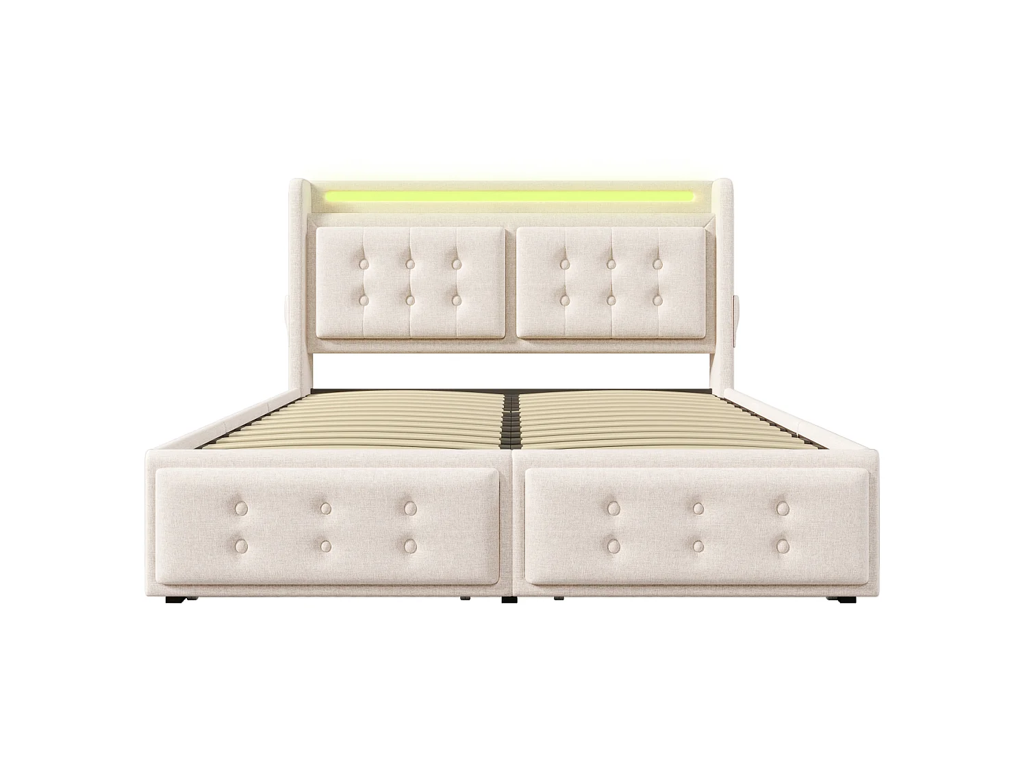 Lit adulte 180x200 cm avec 4 tiroirs, LED, tête de lit et ports USB et Type-C, en tissu, beige, sans matelas