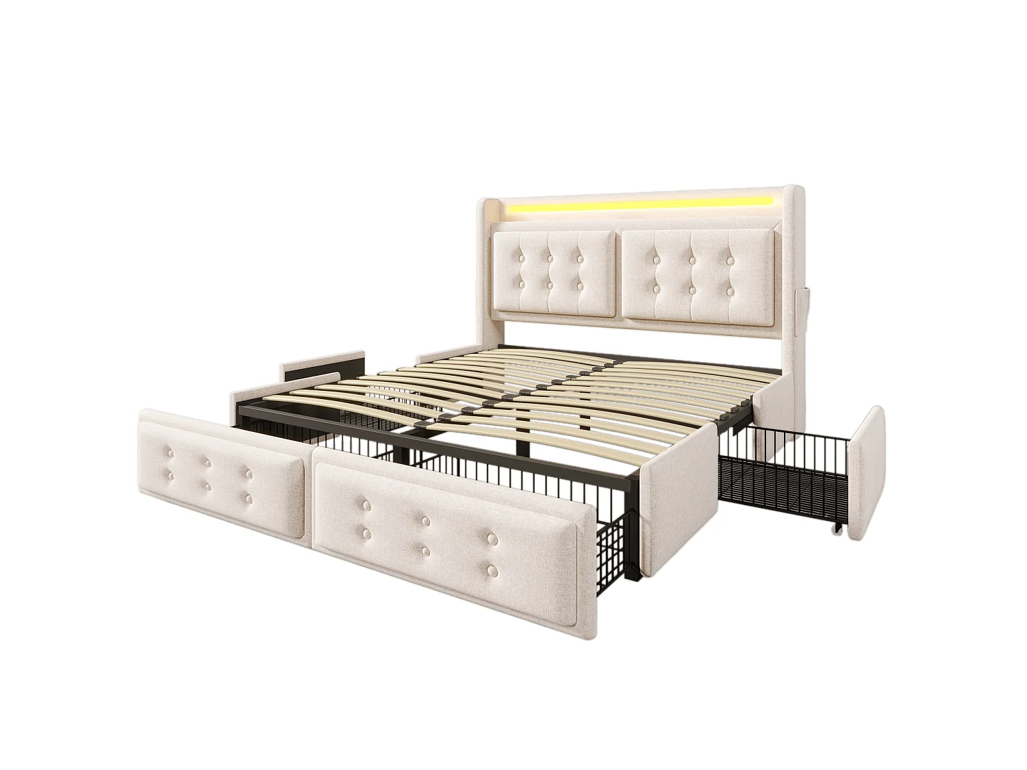 Lit adulte 180x200 cm avec 4 tiroirs, LED, tête de lit et ports USB et Type-C, en tissu, beige, sans matelas