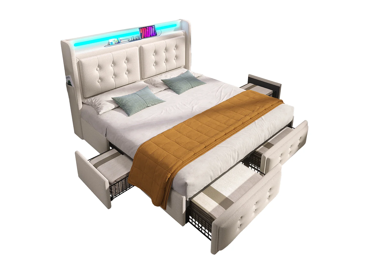 Lit adulte 180x200 cm avec 4 tiroirs, LED, tête de lit et ports USB et Type-C, en tissu, beige, sans matelas
