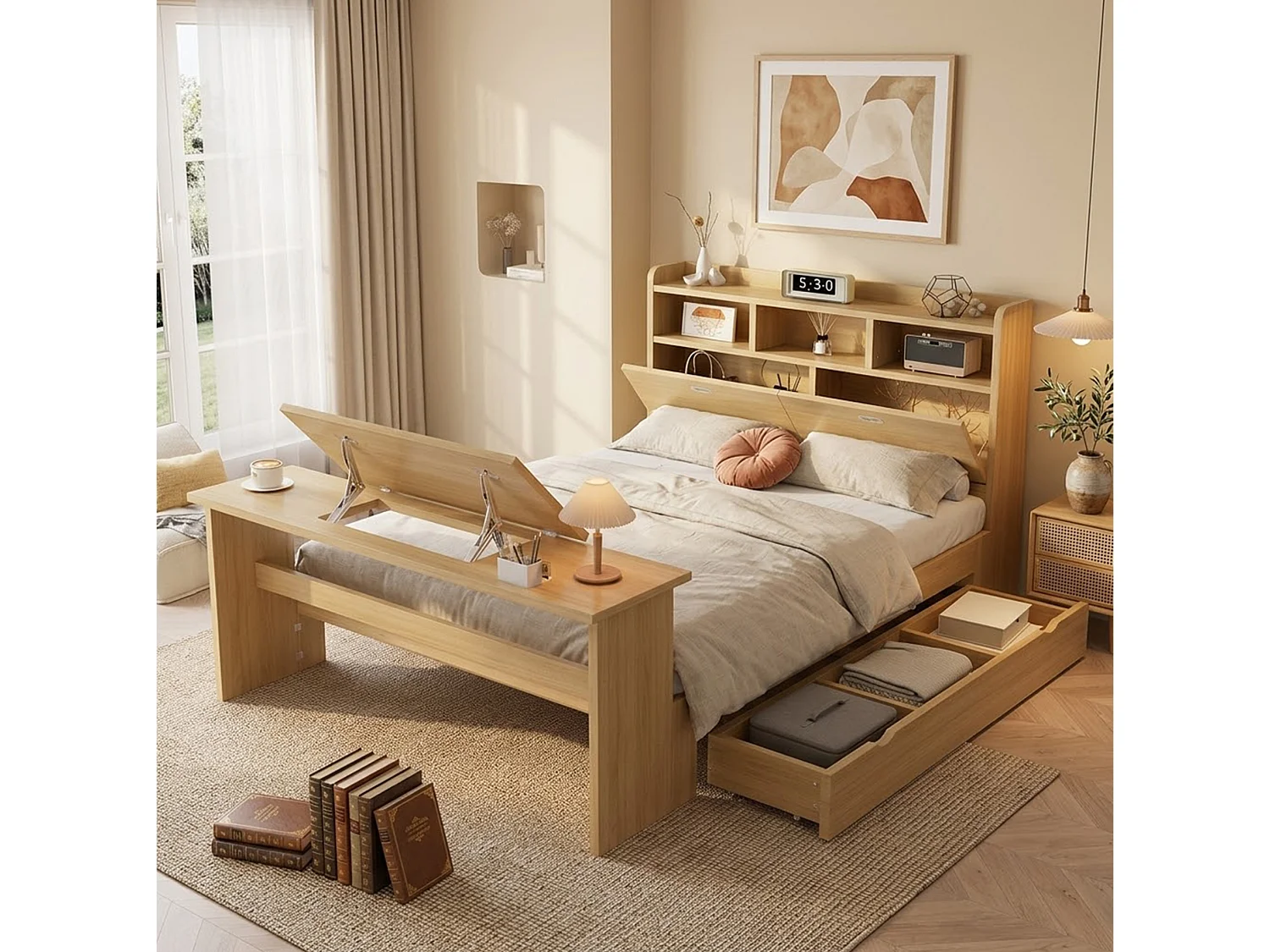 Lit adulte 140x200 cm avec table rabattable réglable, tiroir et tête de lit avec rangement, en bois, naturel, sans matelas