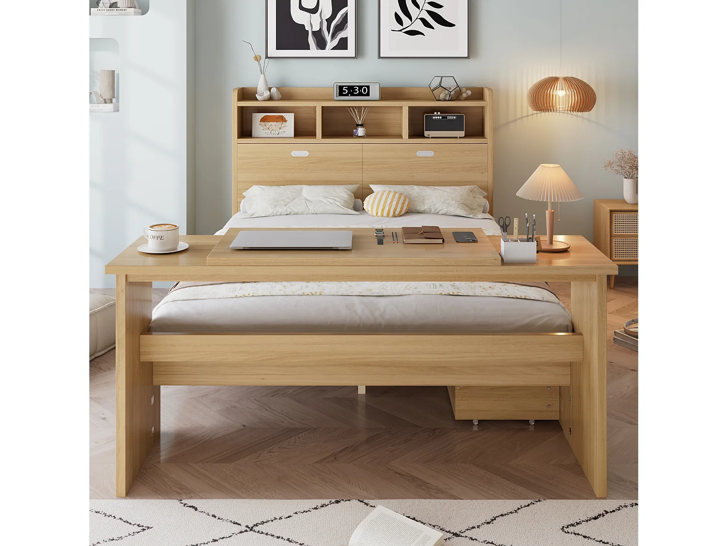 Lit adulte 140x200 cm avec table rabattable réglable, tiroir et tête de lit avec rangement, en bois, naturel, sans matelas