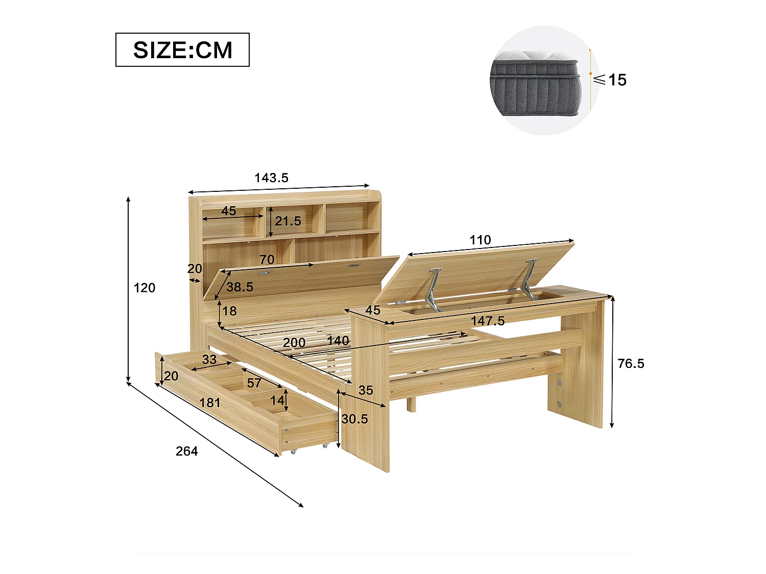 Lit adulte 140x200 cm avec table rabattable réglable, tiroir et tête de lit avec rangement, en bois, naturel, sans matelas