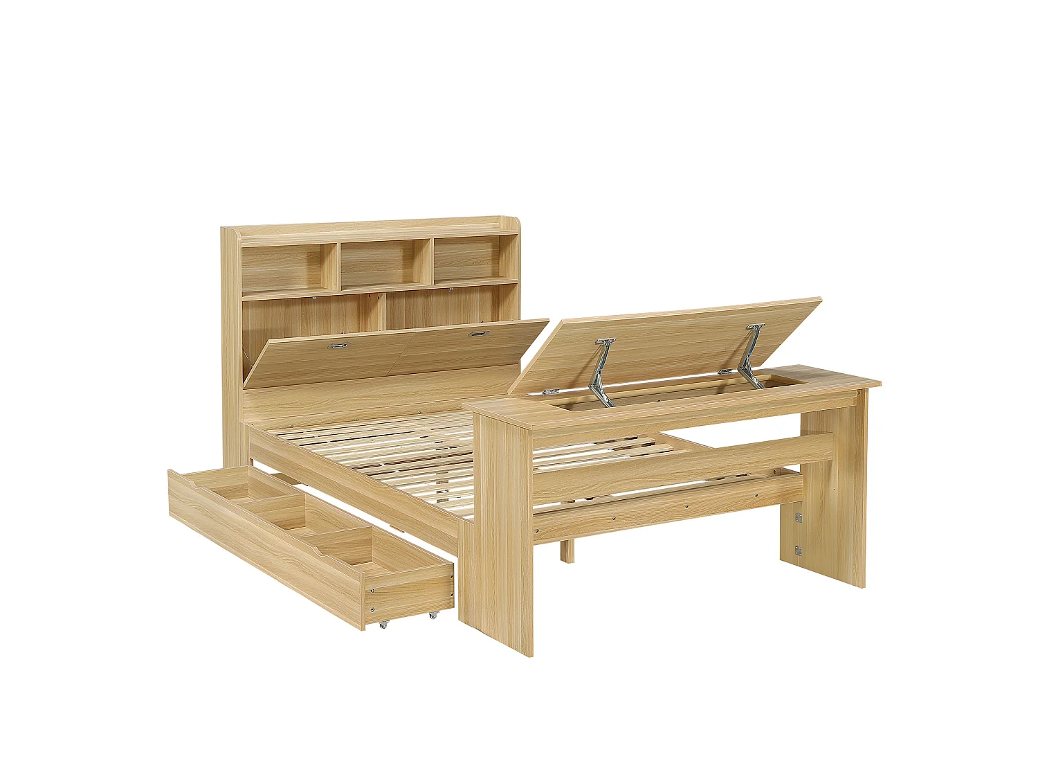 Lit adulte 140x200 cm avec table rabattable réglable, tiroir et tête de lit avec rangement, en bois, naturel, sans matelas
