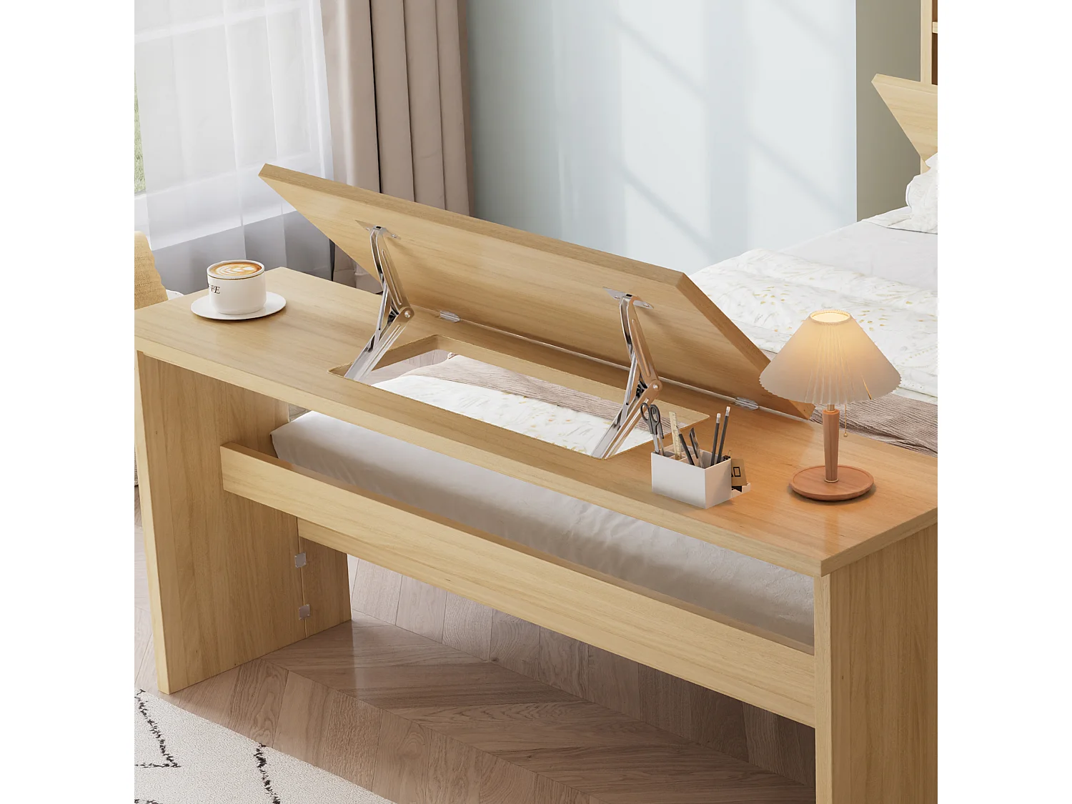 Lit adulte 140x200 cm avec table rabattable réglable, tiroir et tête de lit avec rangement, en bois, naturel, sans matelas