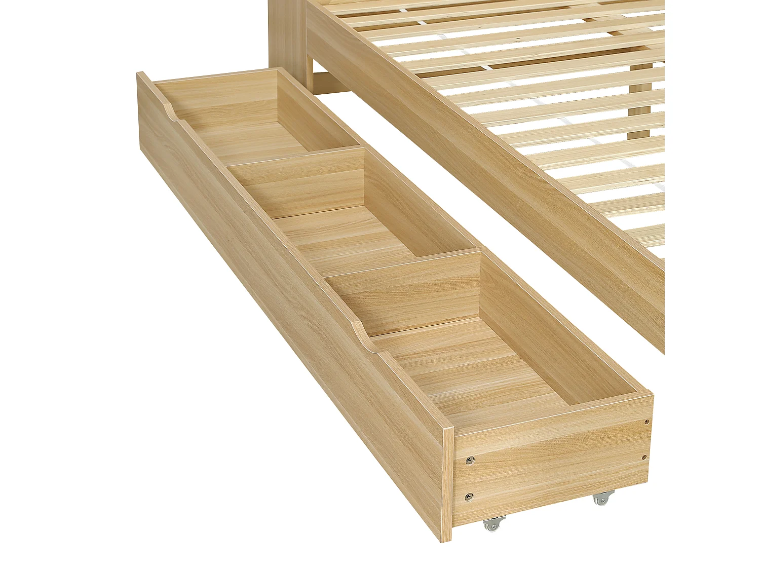 Lit adulte 140x200 cm avec table rabattable réglable, tiroir et tête de lit avec rangement, en bois, naturel, sans matelas