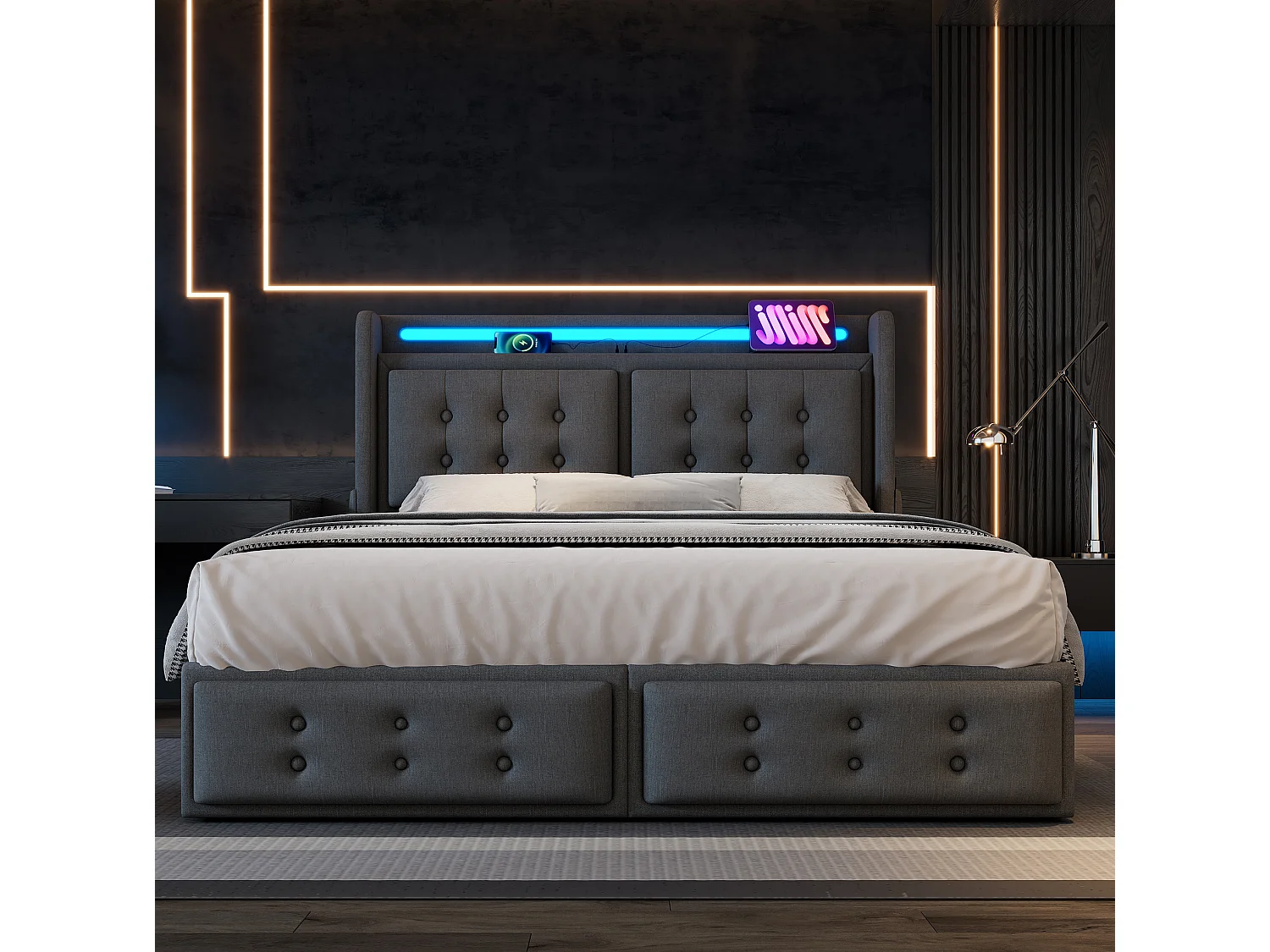 Lit adulte 180x200 cm avec 4 tiroirs, LED, tête de lit et ports USB et Type-C, en tissu, gris, sans matelas
