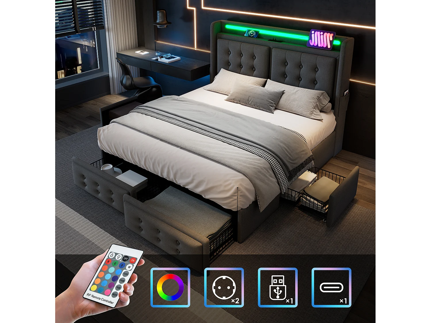 Lit adulte 180x200 cm avec 4 tiroirs, LED, tête de lit et ports USB et Type-C, en tissu, gris, sans matelas