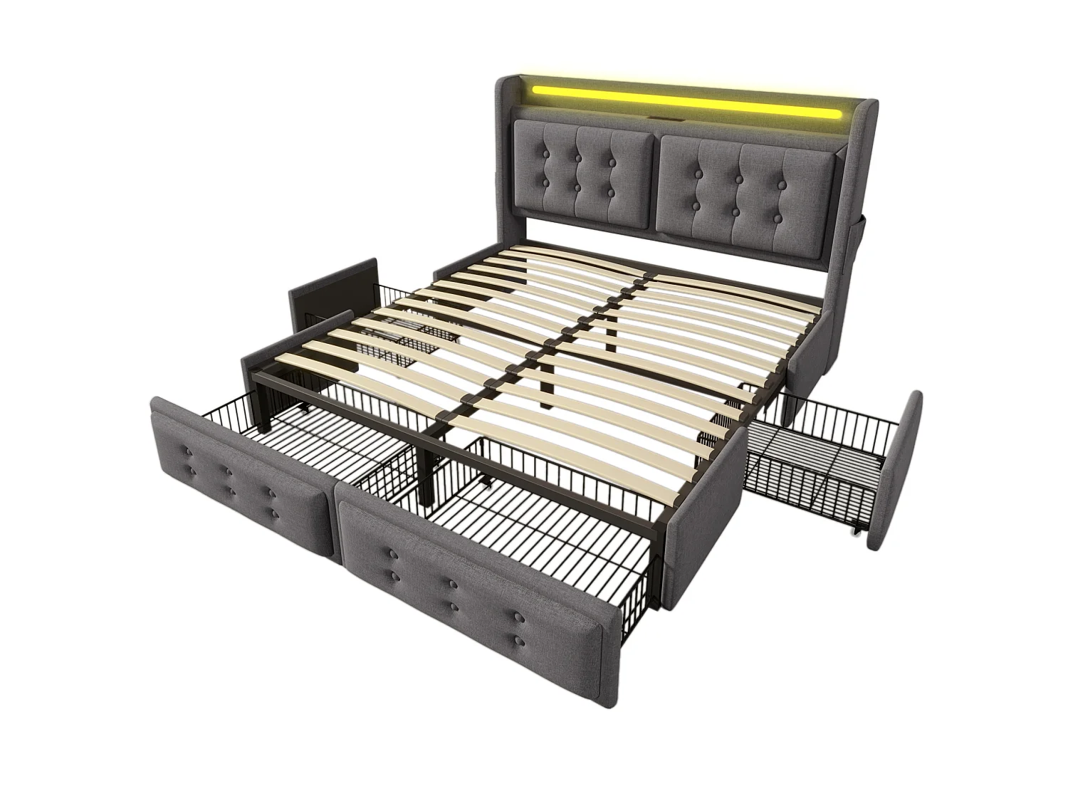 Lit adulte 180x200 cm avec 4 tiroirs, LED, tête de lit et ports USB et Type-C, en tissu, gris, sans matelas