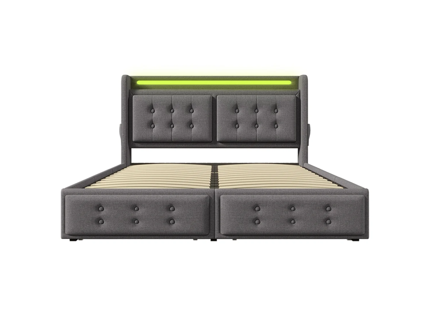 Lit adulte 180x200 cm avec 4 tiroirs, LED, tête de lit et ports USB et Type-C, en tissu, gris, sans matelas