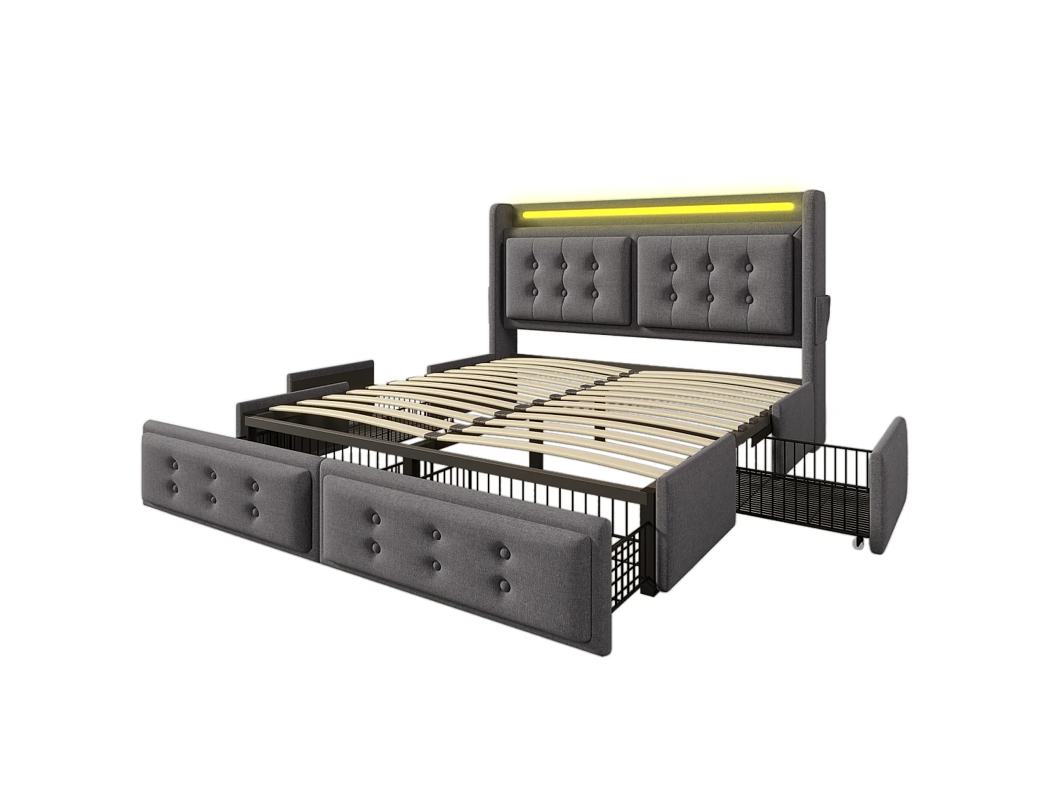 Lit adulte 180x200 cm avec 4 tiroirs, LED, tête de lit et ports USB et Type-C, en tissu, gris, sans matelas