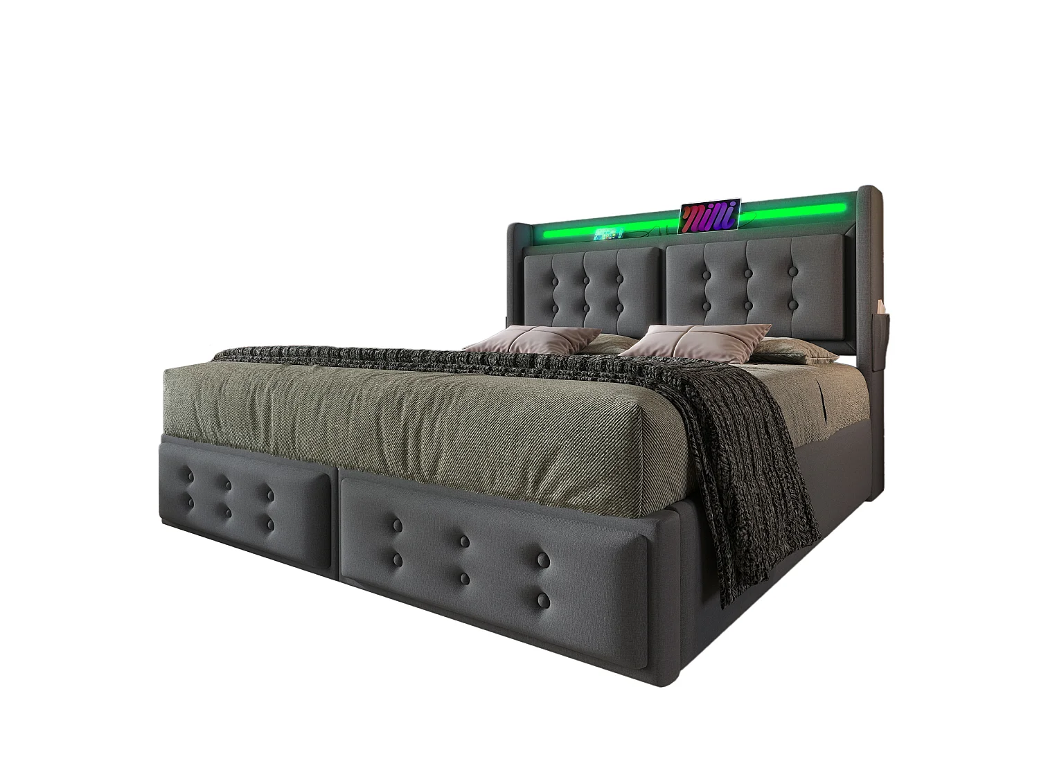 Lit adulte 180x200 cm avec 4 tiroirs, LED, tête de lit et ports USB et Type-C, en tissu, gris, sans matelas