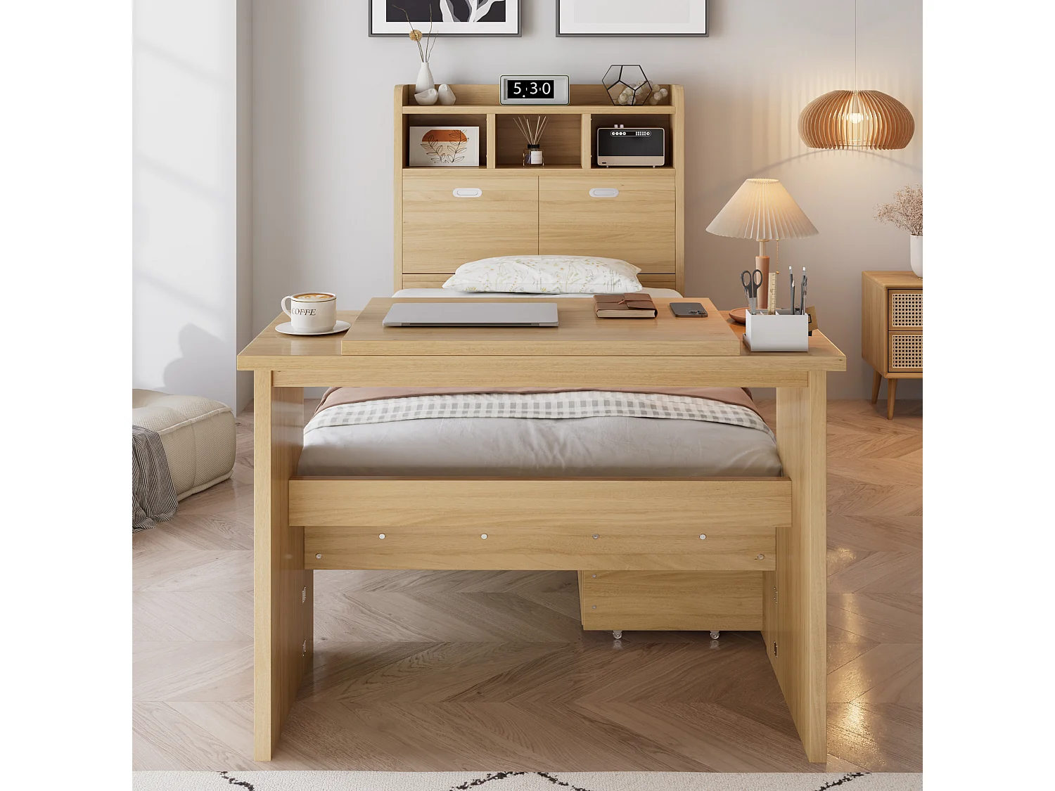 Lit enfant 90x200 cm avec table rabattable réglable, tiroir et tête de lit avec rangement, en bois, naturel, sans matelas
