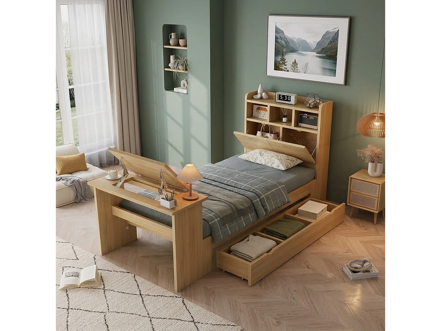 Lit enfant 90x200 cm avec table rabattable réglable, tiroir et tête de lit avec rangement, en bois, naturel, sans matelas