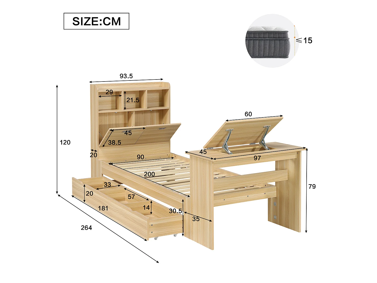 Lit enfant 90x200 cm avec table rabattable réglable, tiroir et tête de lit avec rangement, en bois, naturel, sans matelas