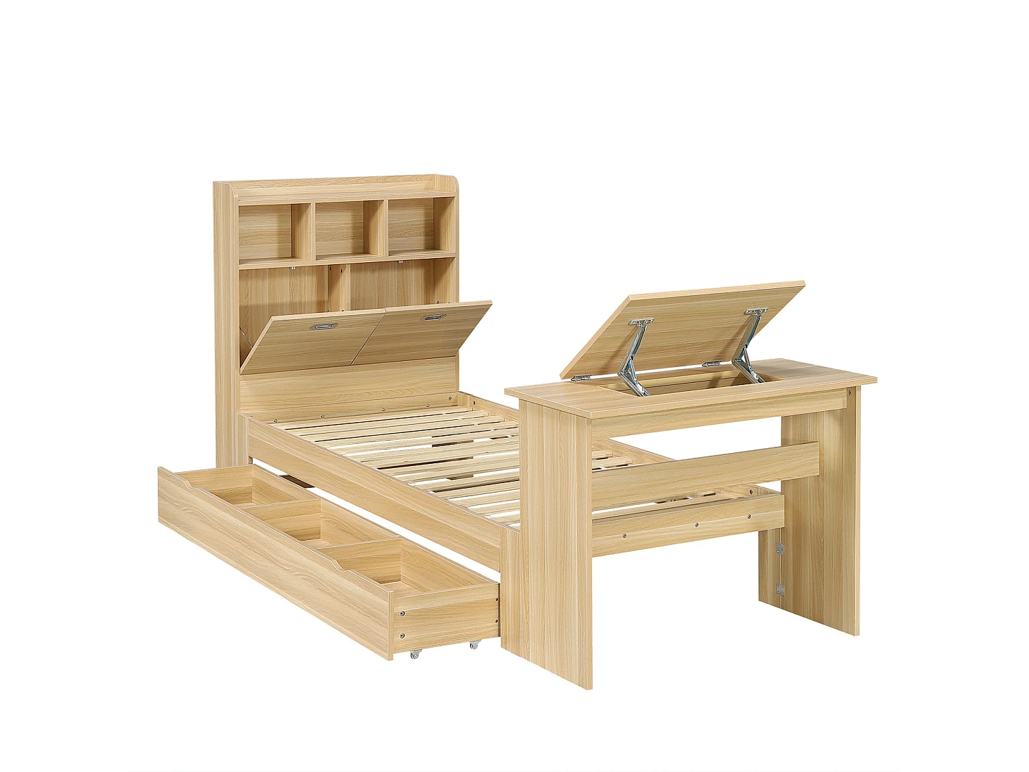 Lit enfant 90x200 cm avec table rabattable réglable, tiroir et tête de lit avec rangement, en bois, naturel, sans matelas