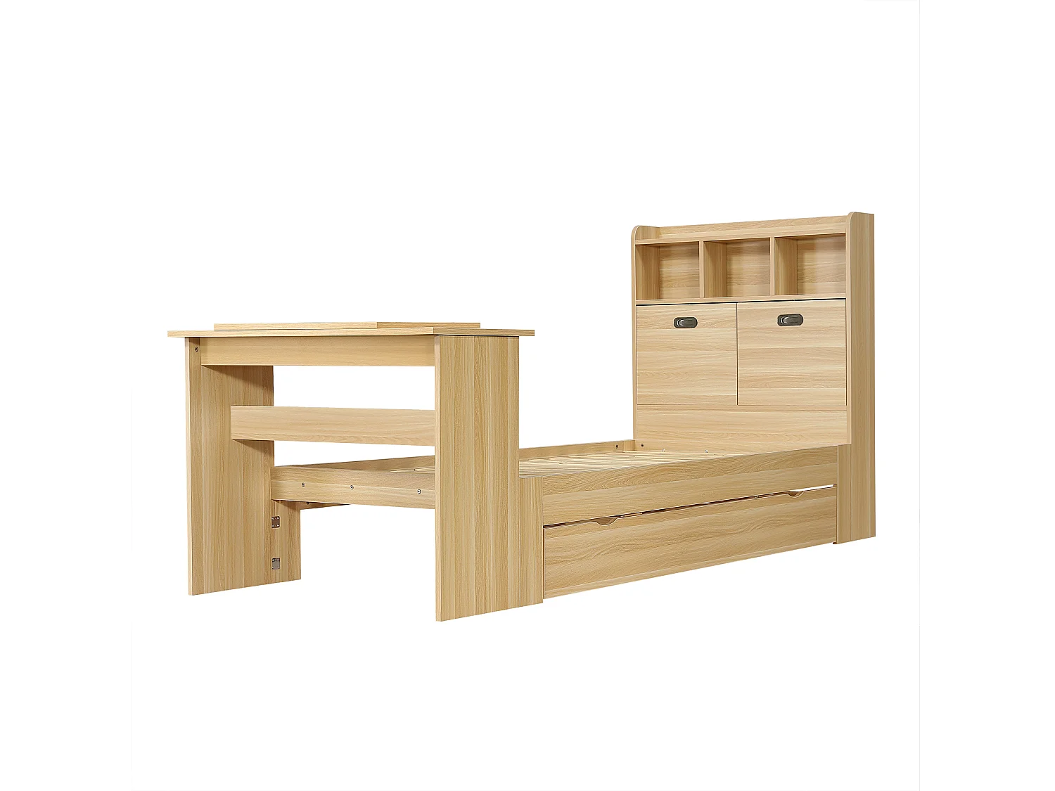 Lit enfant 90x200 cm avec table rabattable réglable, tiroir et tête de lit avec rangement, en bois, naturel, sans matelas