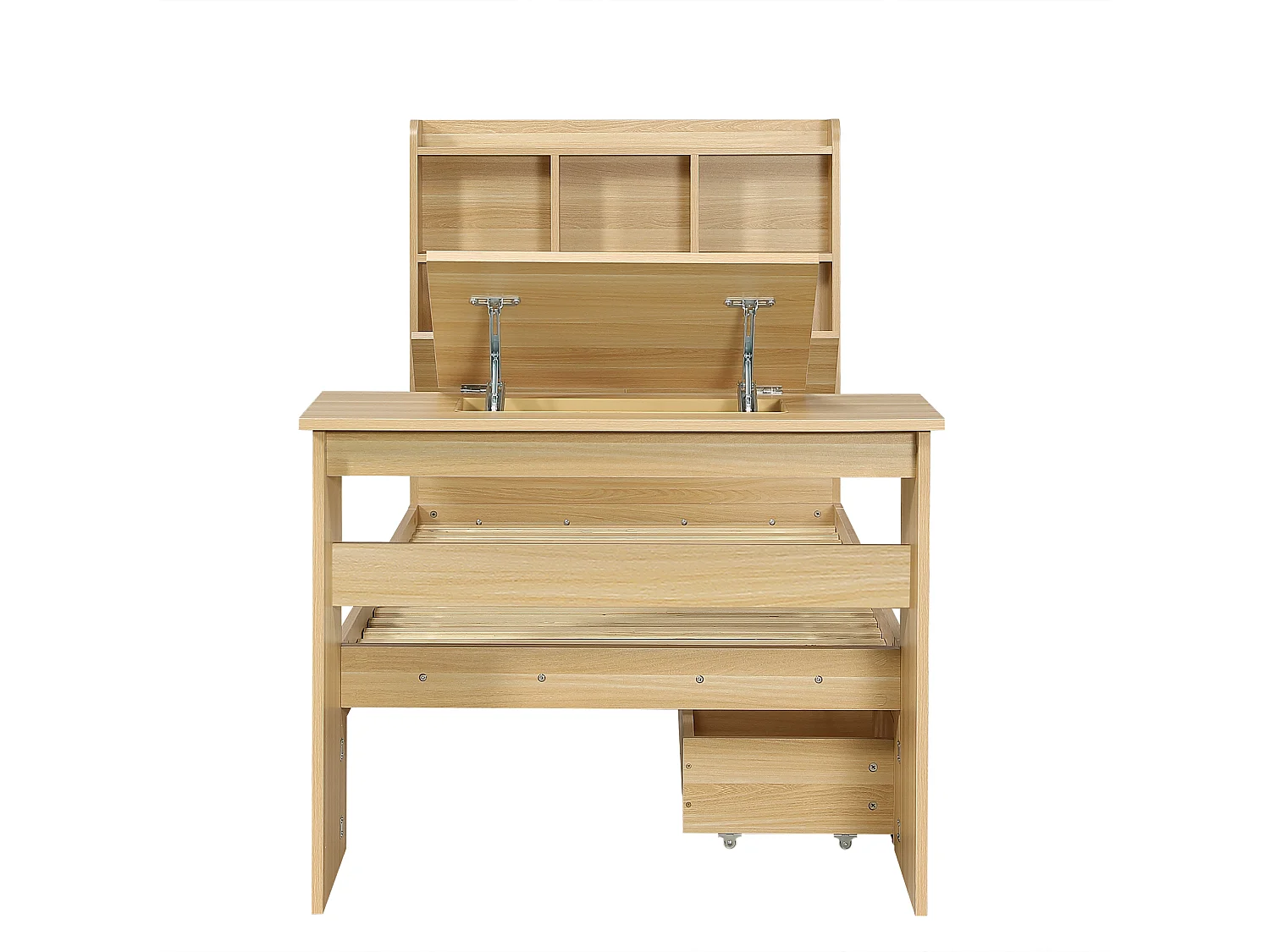 Lit enfant 90x200 cm avec table rabattable réglable, tiroir et tête de lit avec rangement, en bois, naturel, sans matelas