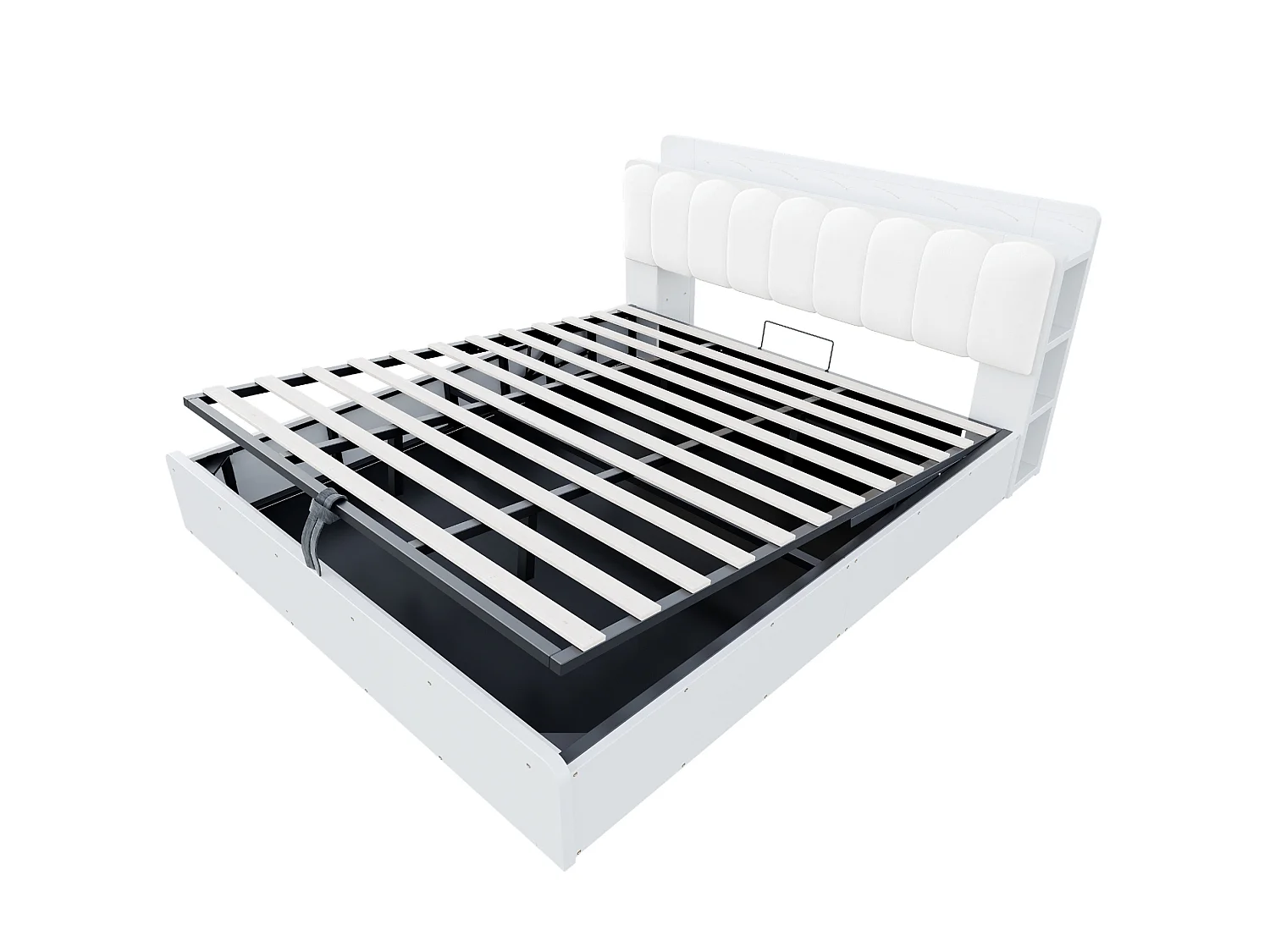 Cama con almacenaje 180x200 cm con espacio bajo somier, cabecero con almacenamiento y USB, de madera, blanca, sin colchón