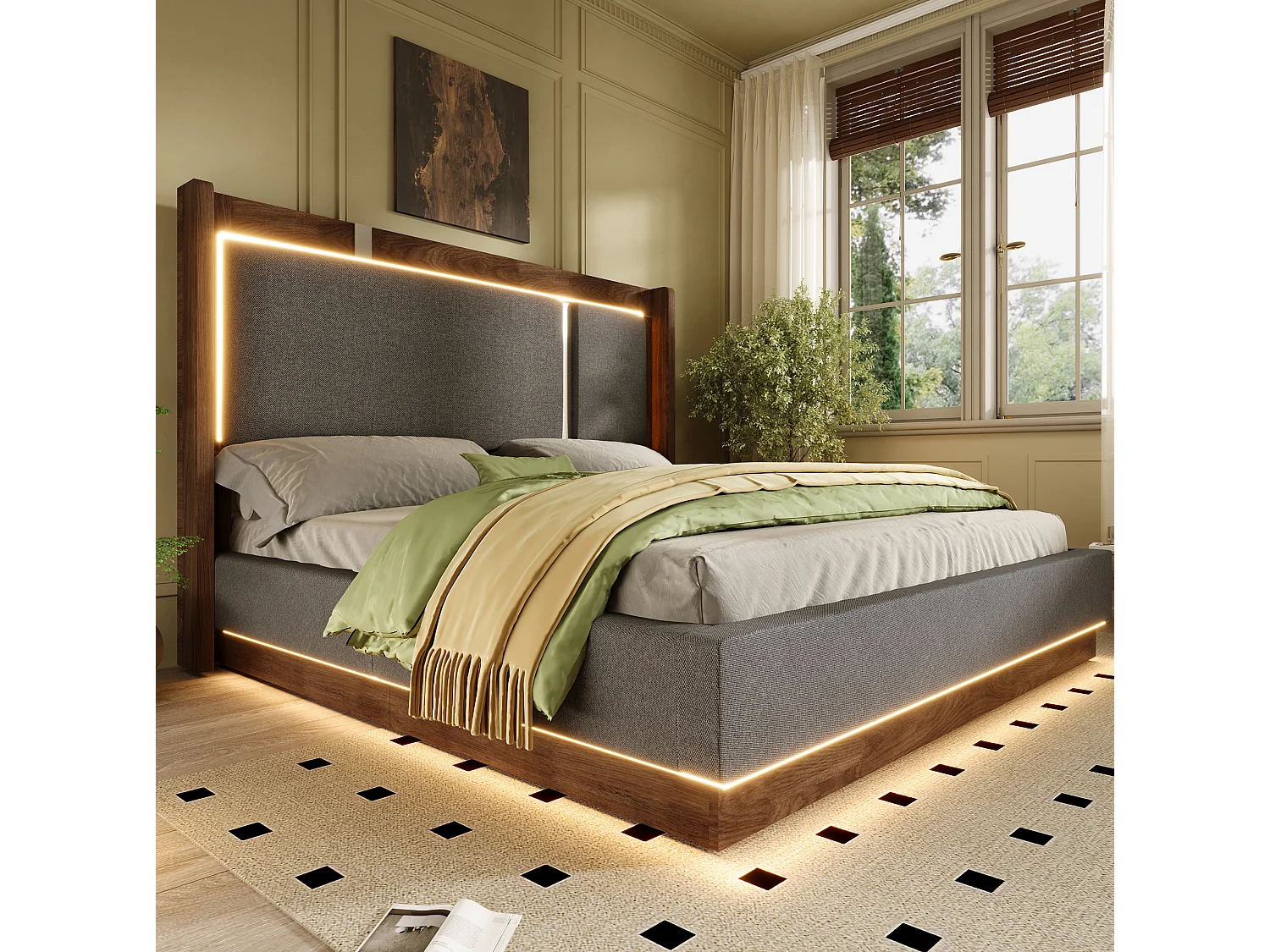 Lit coffre 140x200 cm avec LED et rangement, tête de lit rembourrée, en lin, gris et noyer, sans matelas
