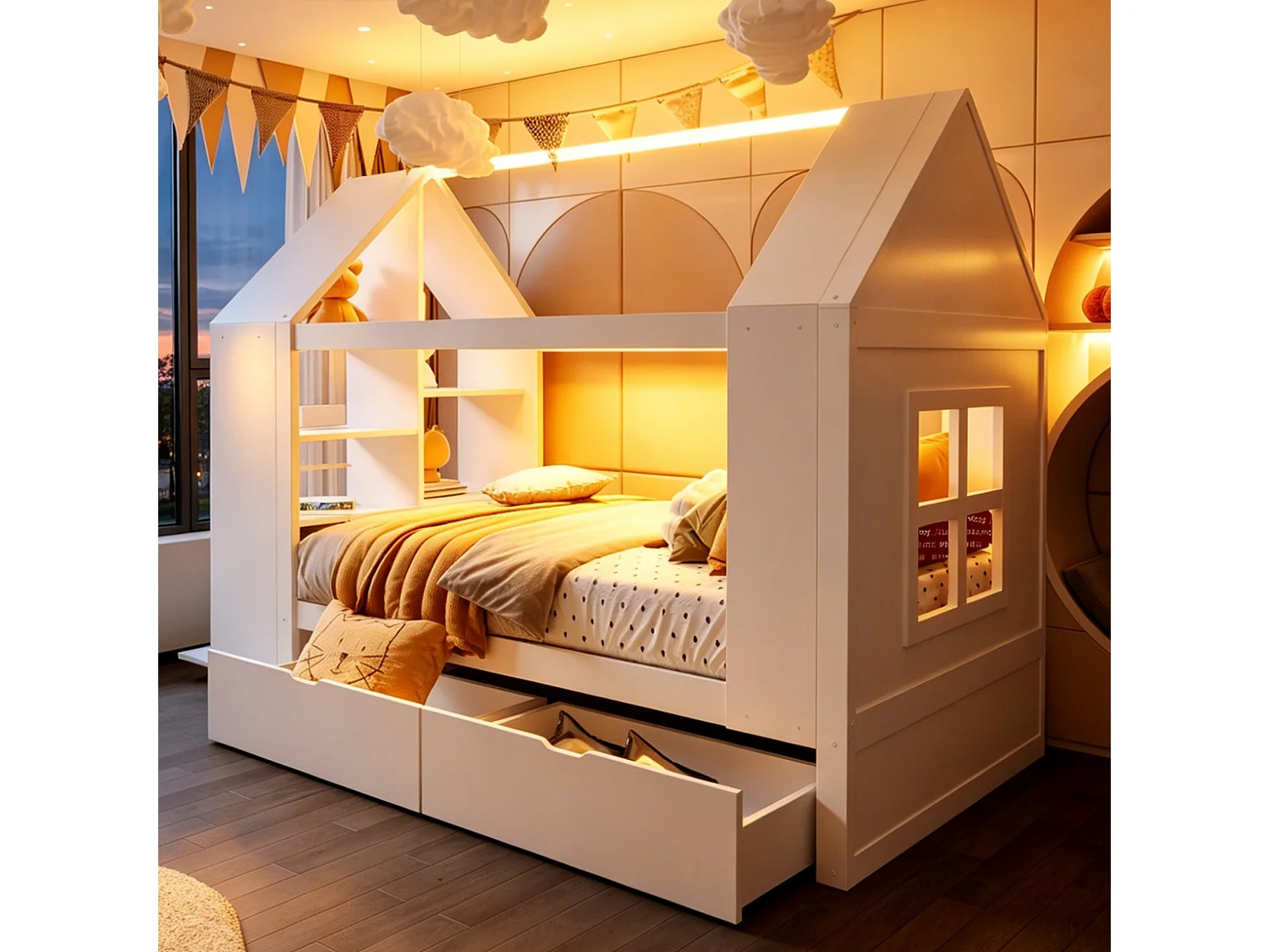 Lit cabane 90x200 cm avec 2 tiroirs, LED et rangements, en bois, blanc, sans matelas