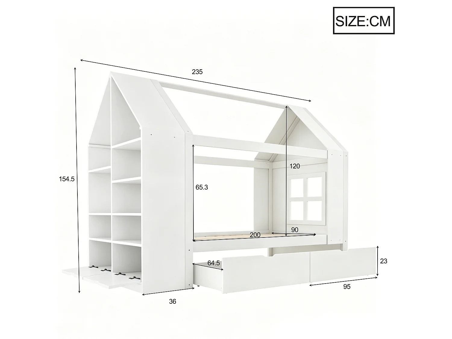 Lit cabane 90x200 cm avec 2 tiroirs, LED et rangements, en bois, blanc, sans matelas