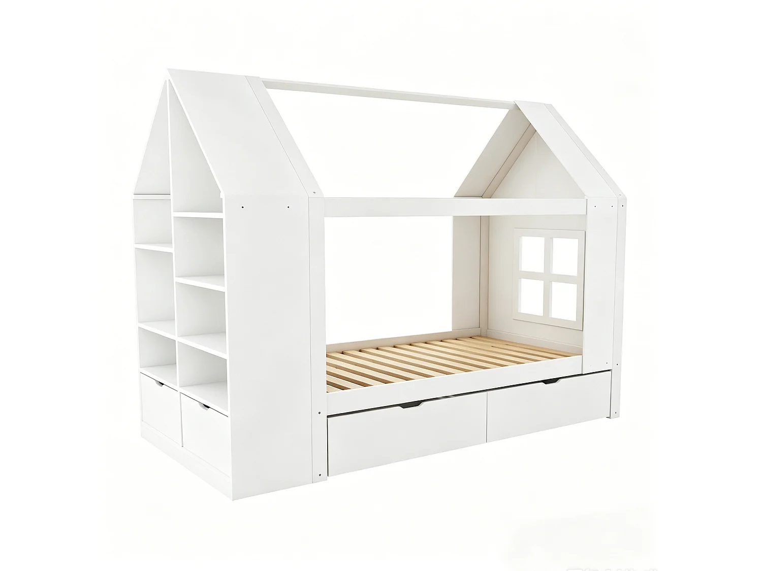 Lit cabane 90x200 cm avec 2 tiroirs, LED et rangements, en bois, blanc, sans matelas
